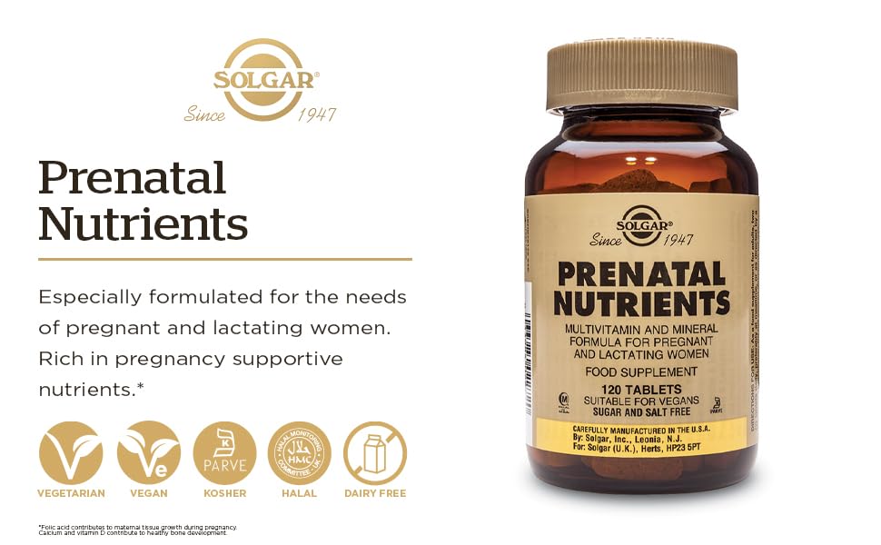 Solgar nutriments prénataux 120 comprimés, capsules faciles à prendre.