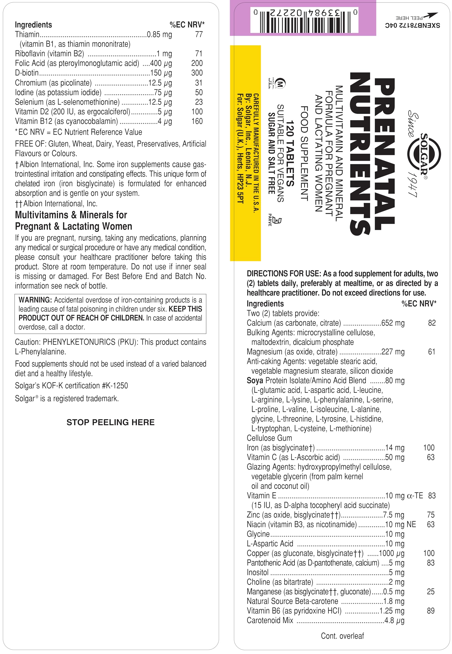 Solgar nutriments prénataux 120 comprimés, emballage clair et lisible.