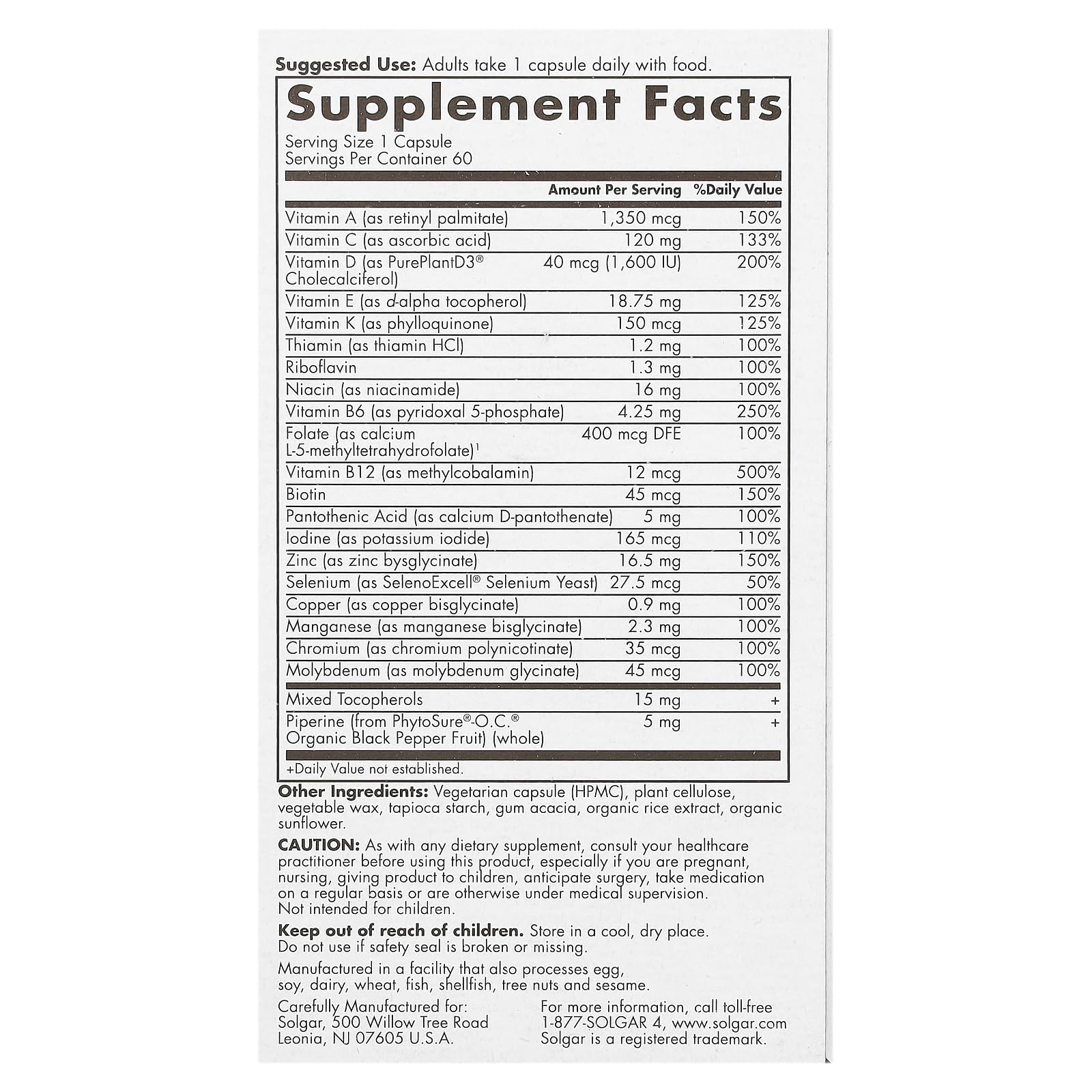 Solgar One Daily Homme Multivitamine — capsules, absorption élevée pour une nutrition quotidienne.