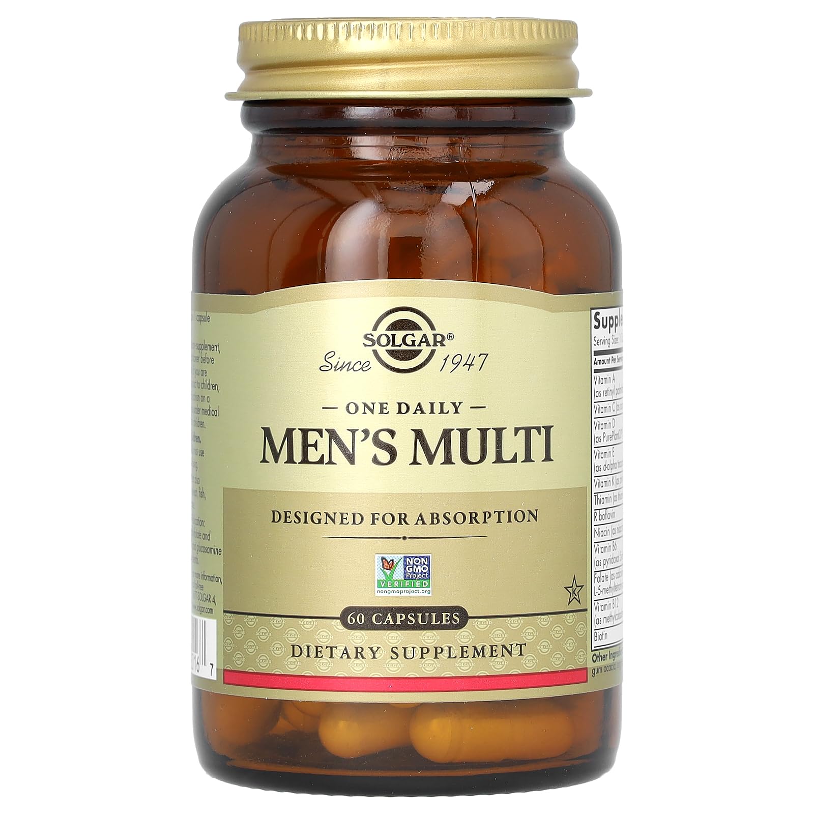 Solgar One Daily Homme Multivitamine — etiquette, formule végane et libération retardée pour une utilisation pratique.