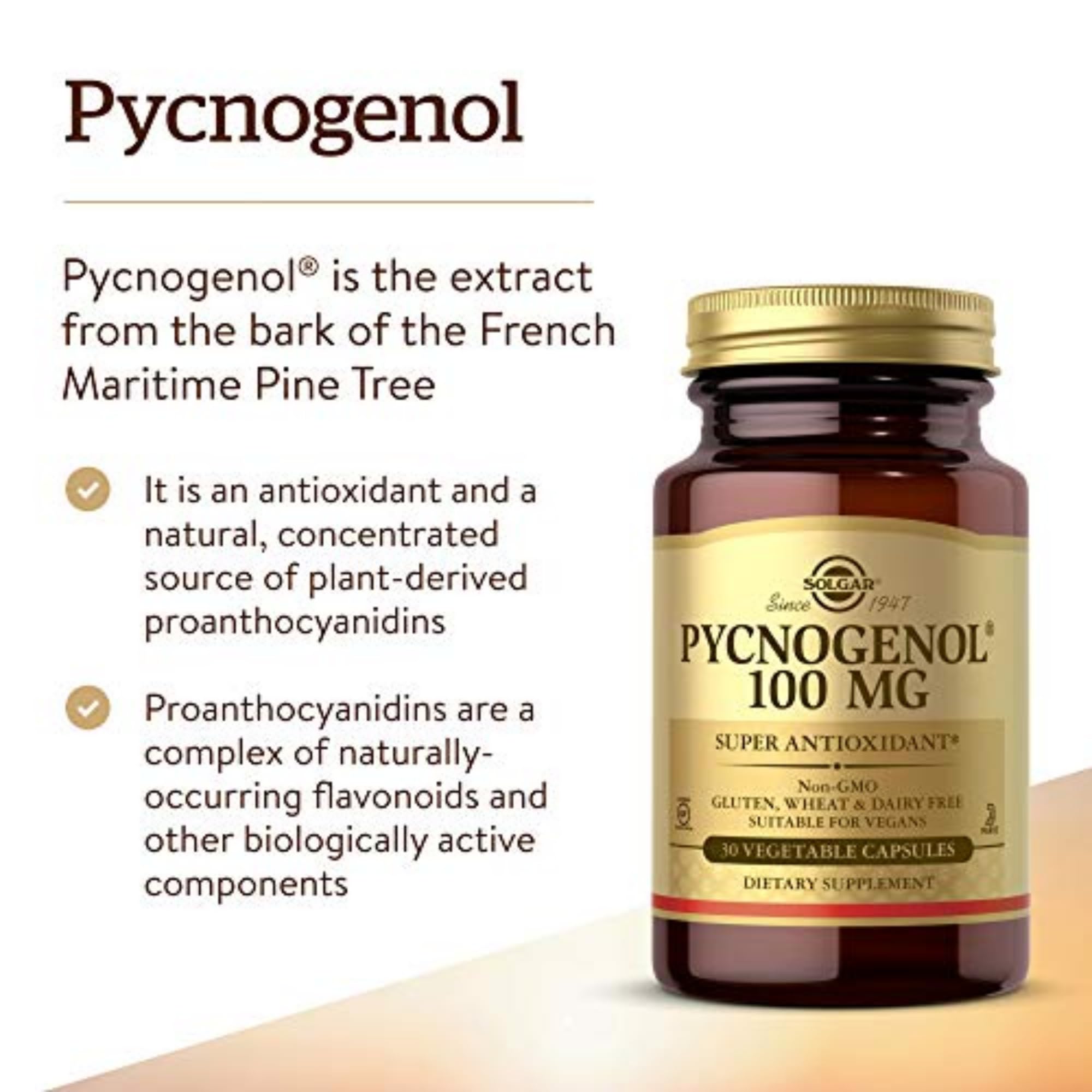 Solgar Pycnogenol 100 mg – flacon de capsules végétales, soutien potentiel à la circulation des jambes.