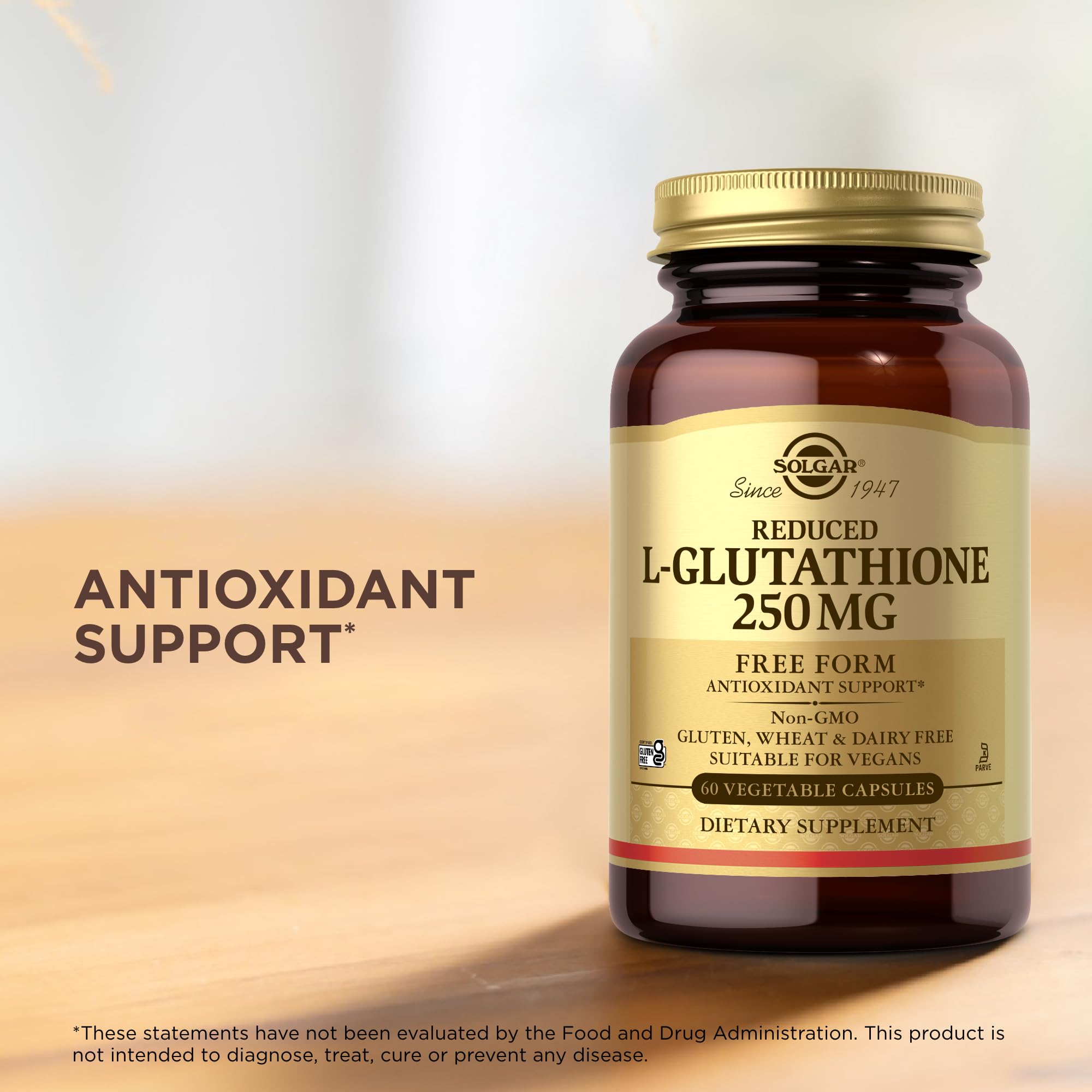 Solgar Réduit L-Glutathione: formule vegan et sans produits laitiers, respect des choix alimentaires.