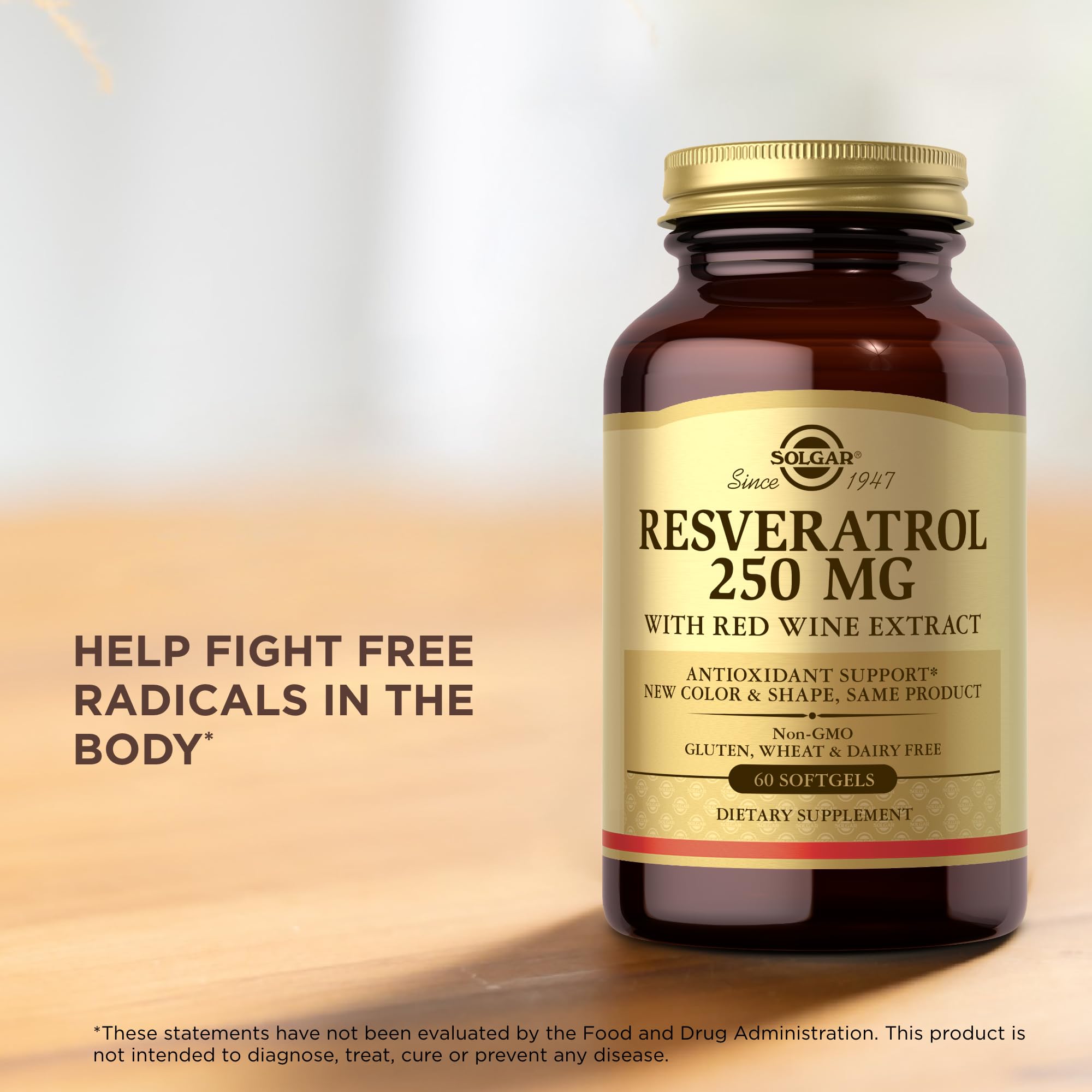 Solgar Resveratrol 250 mg Softgel – emballage moderne et design rappelant la qualité.
