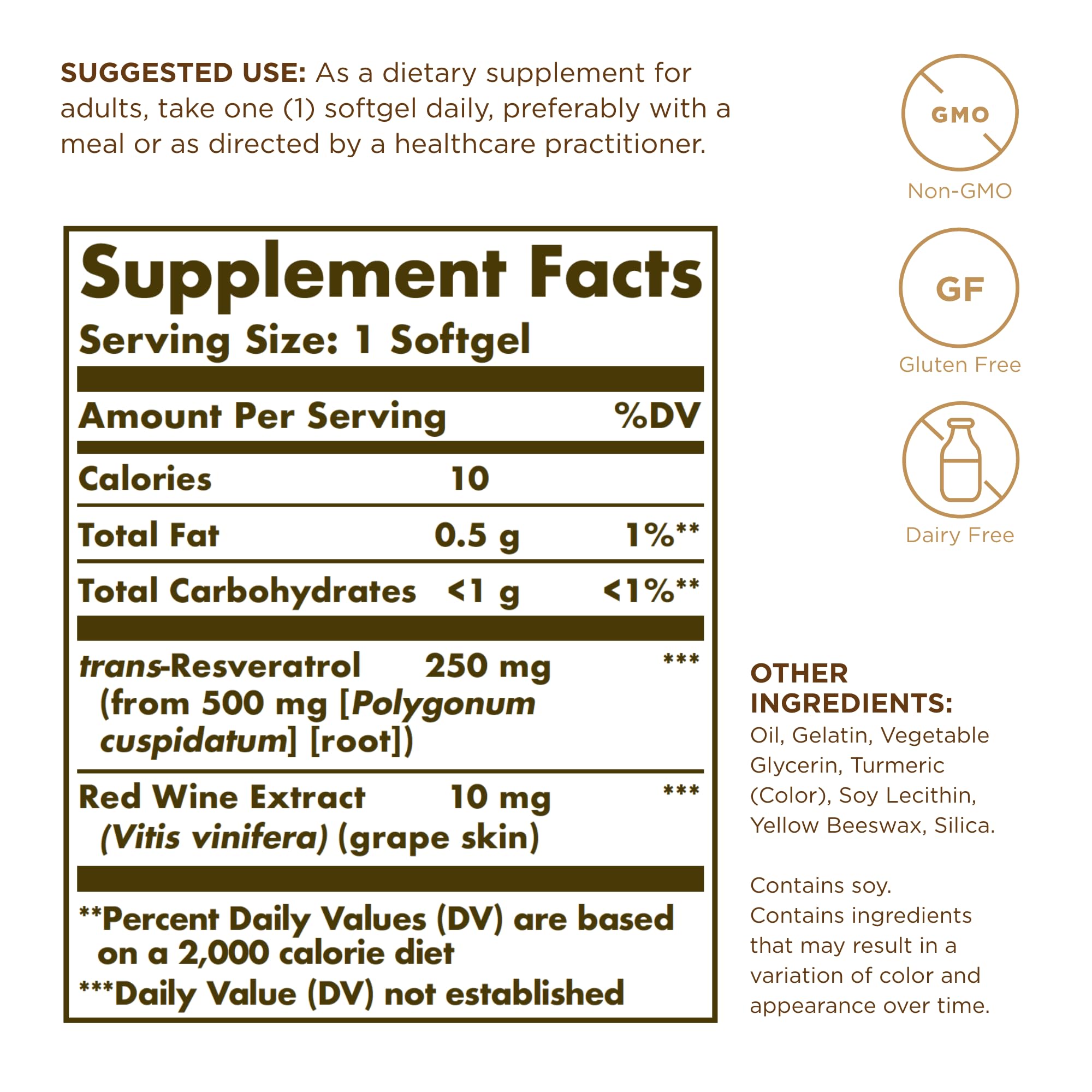 Solgar Resveratrol 250 mg Softgel – étiquette lisible et qualité assurée.