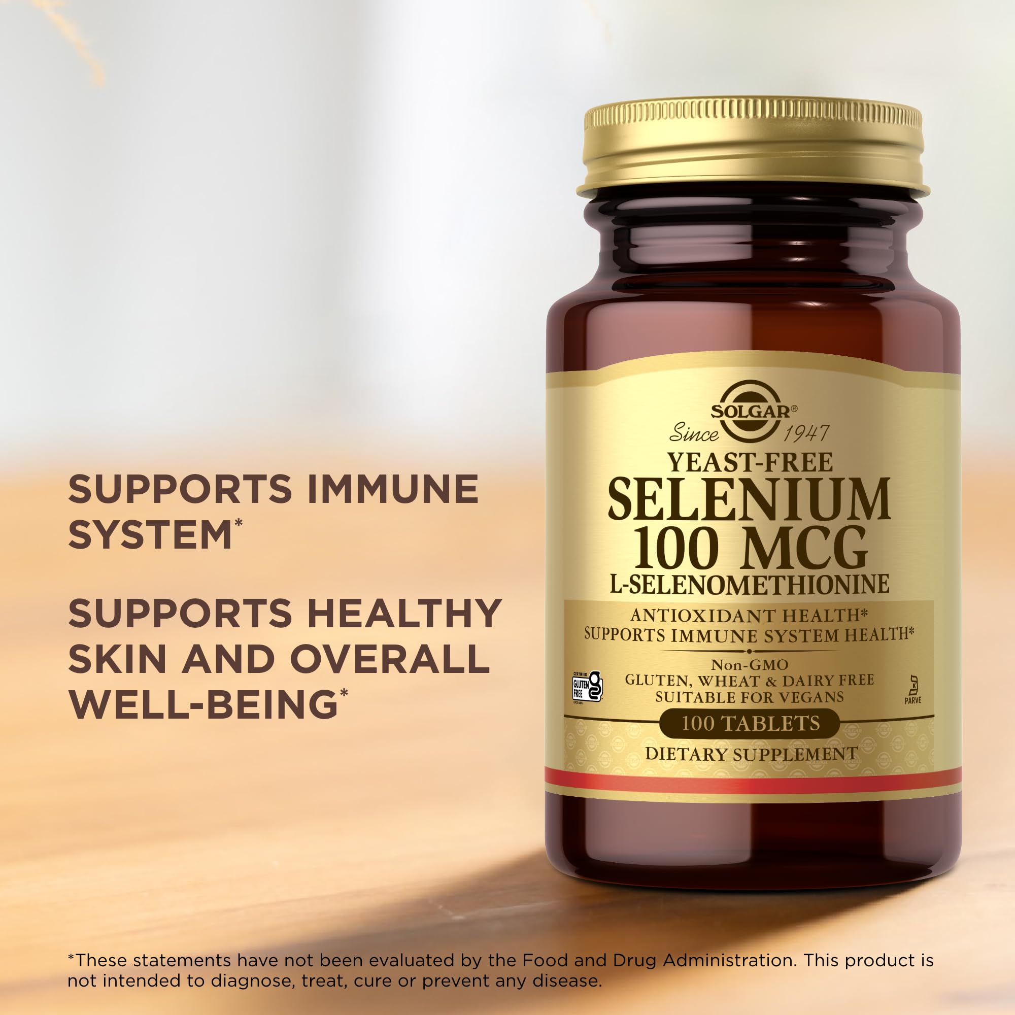 Solgar Sélénium sans gluten, sans produits laitiers pour régimes spécifiques.