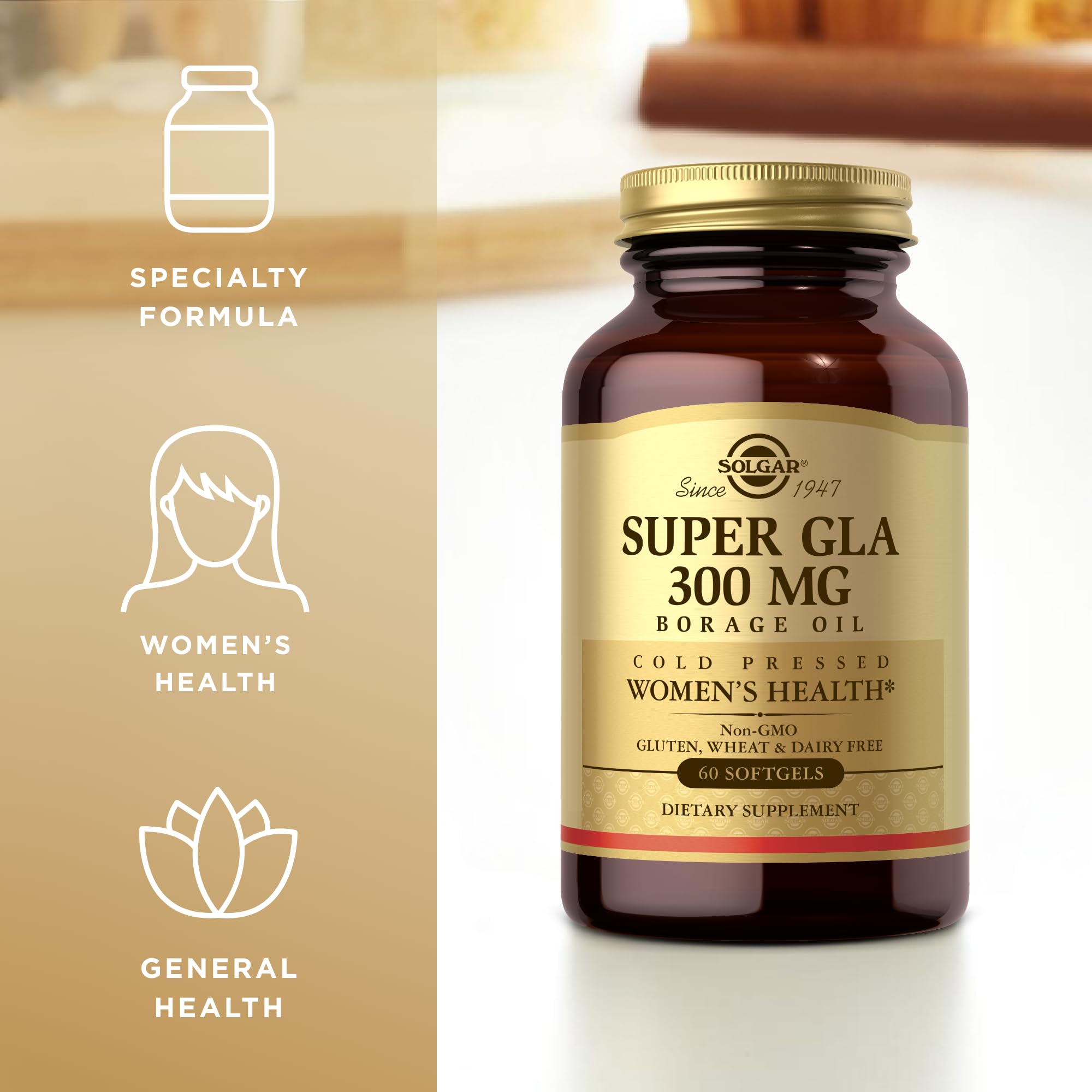 Bouteille en verre Solgar Super GLA 300mg, protection et conservation.