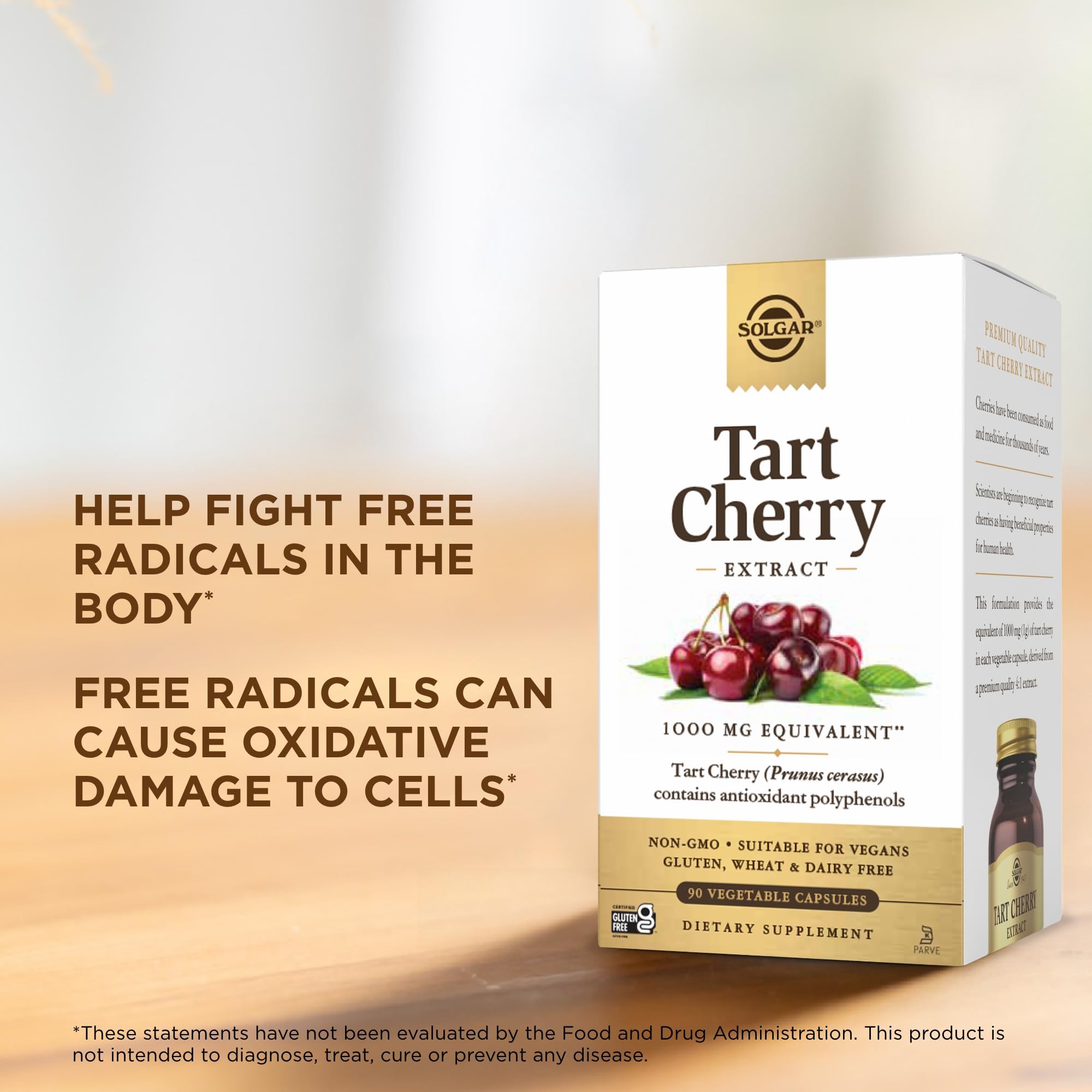 Sans gluten ni OGM: Solgar Tart Cherry compatible régime végétarien.