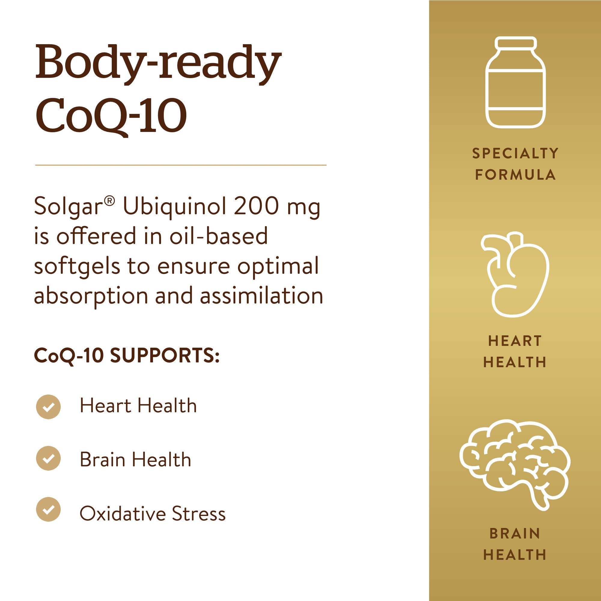 Boîte Solgar Ubiquinol 100 mg, symbole de qualité et sécurité.