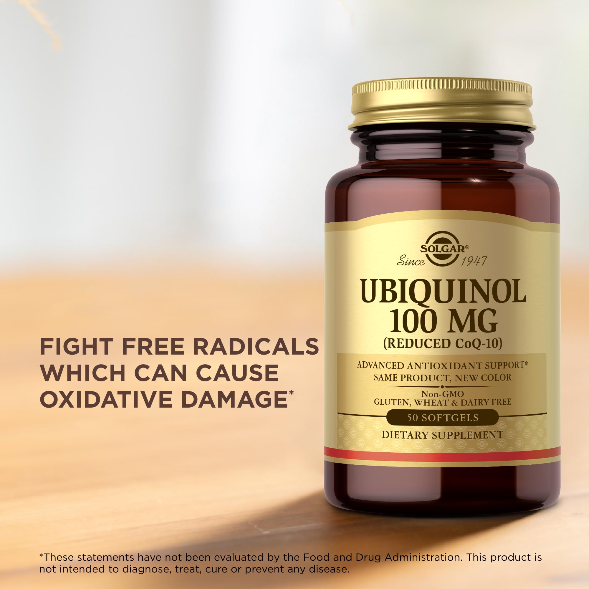 Solgar Ubiquinol 100 mg – dosage et portions totales clairement indiqués.