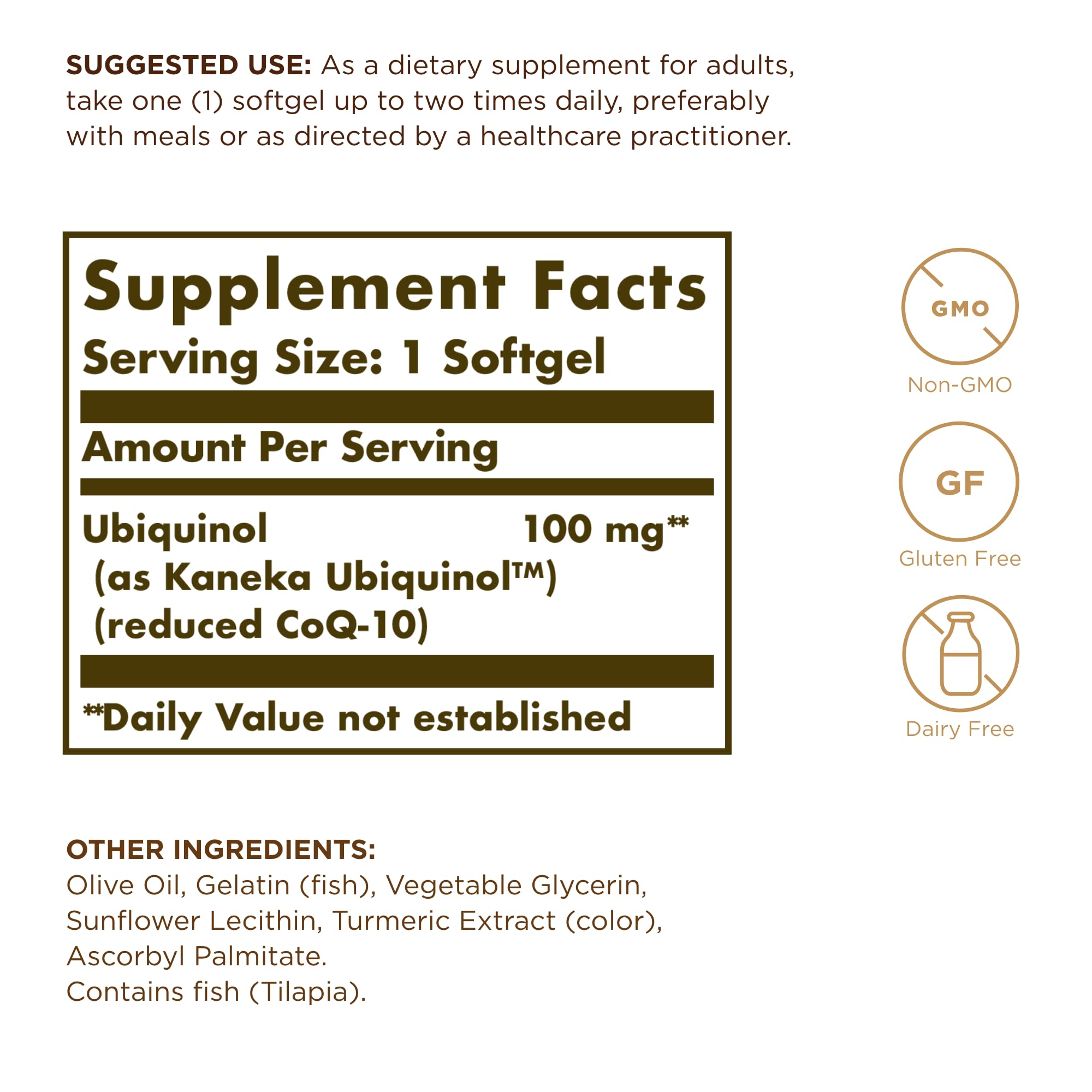 Solgar Ubiquinol 100 mg – étiquette claire et lisible.
