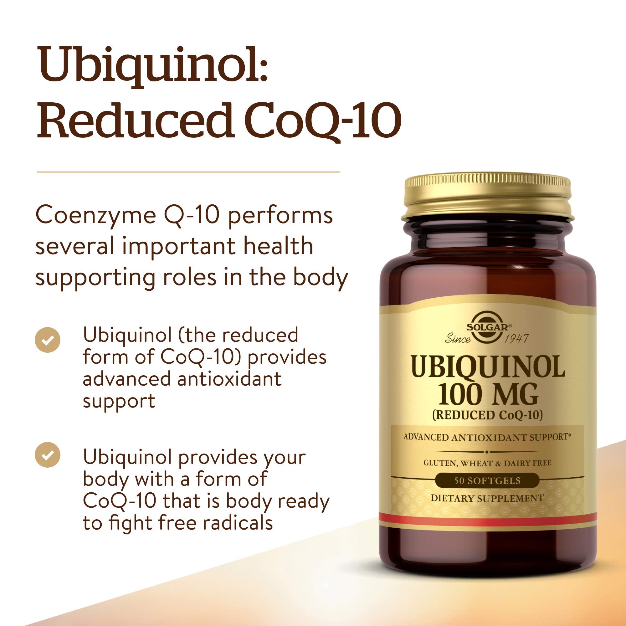 Solgar Ubiquinol 100 mg, sans gluten ni lactose, étiquette claire.