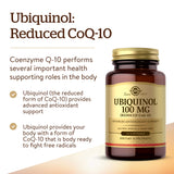 Solgar Ubiquinol 100 mg, sans gluten ni lactose, étiquette claire.