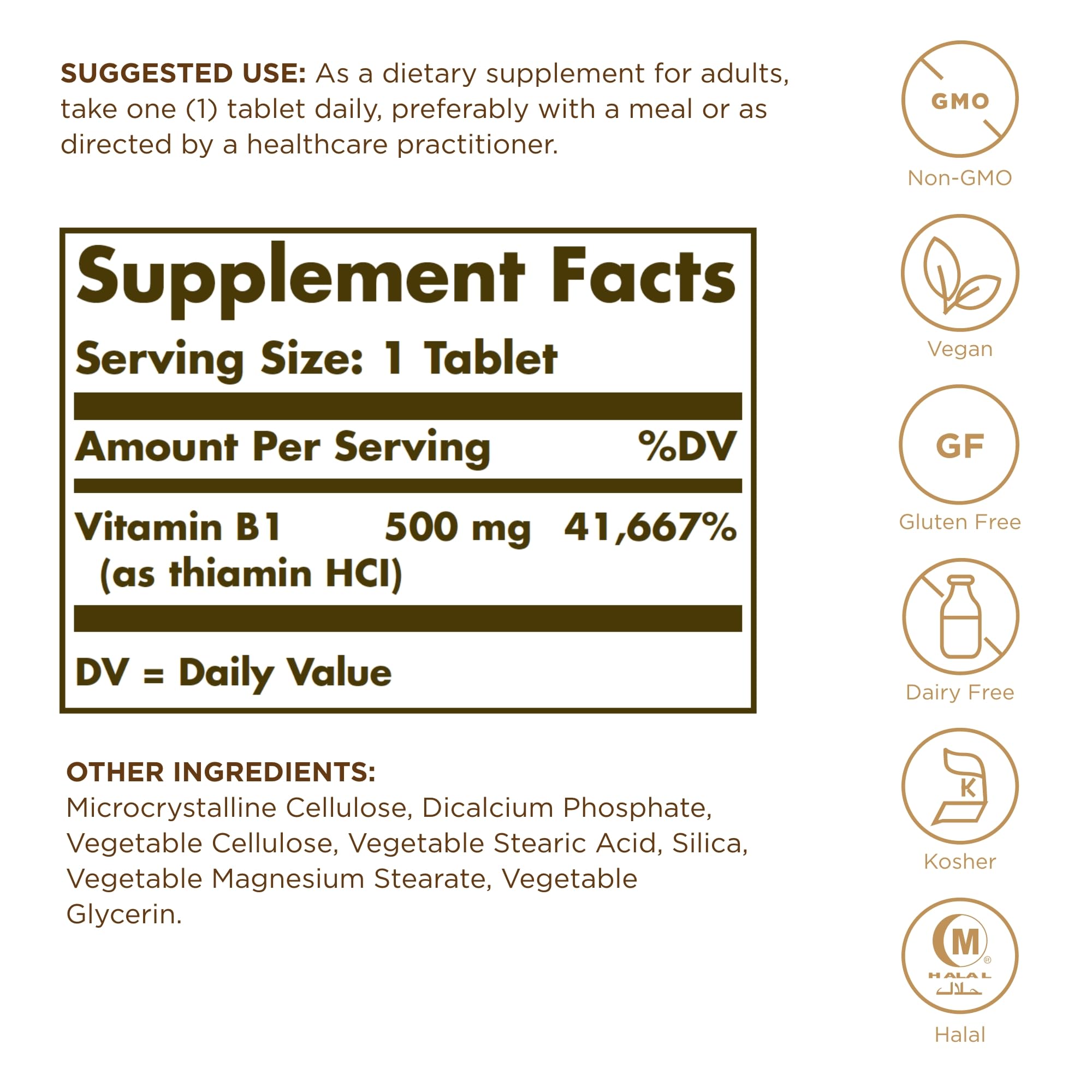 Solgar Vitamine B1 – étiquette du produit avec informations vegan et sans allergènes.