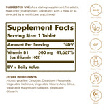Solgar Vitamine B1 – étiquette du produit avec informations vegan et sans allergènes.