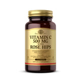 Solgar vitamine C 500 mg avec cynorrhodon, bouteille et comprimés, soutien immunitaire potentiel.