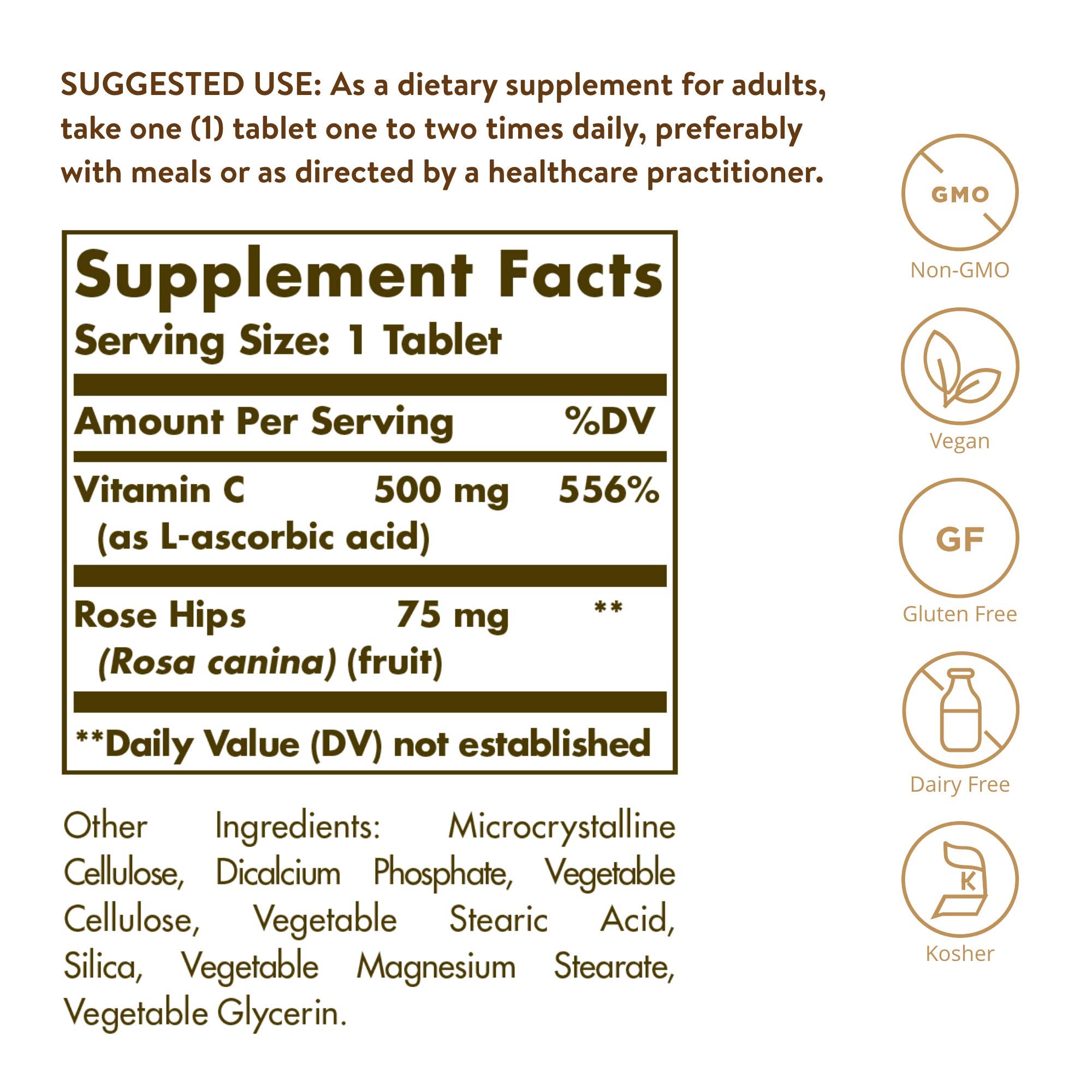 Solgar vitamine C 500 mg avec cynorrhodon, comprimés vegan, usage quotidien recommandé.