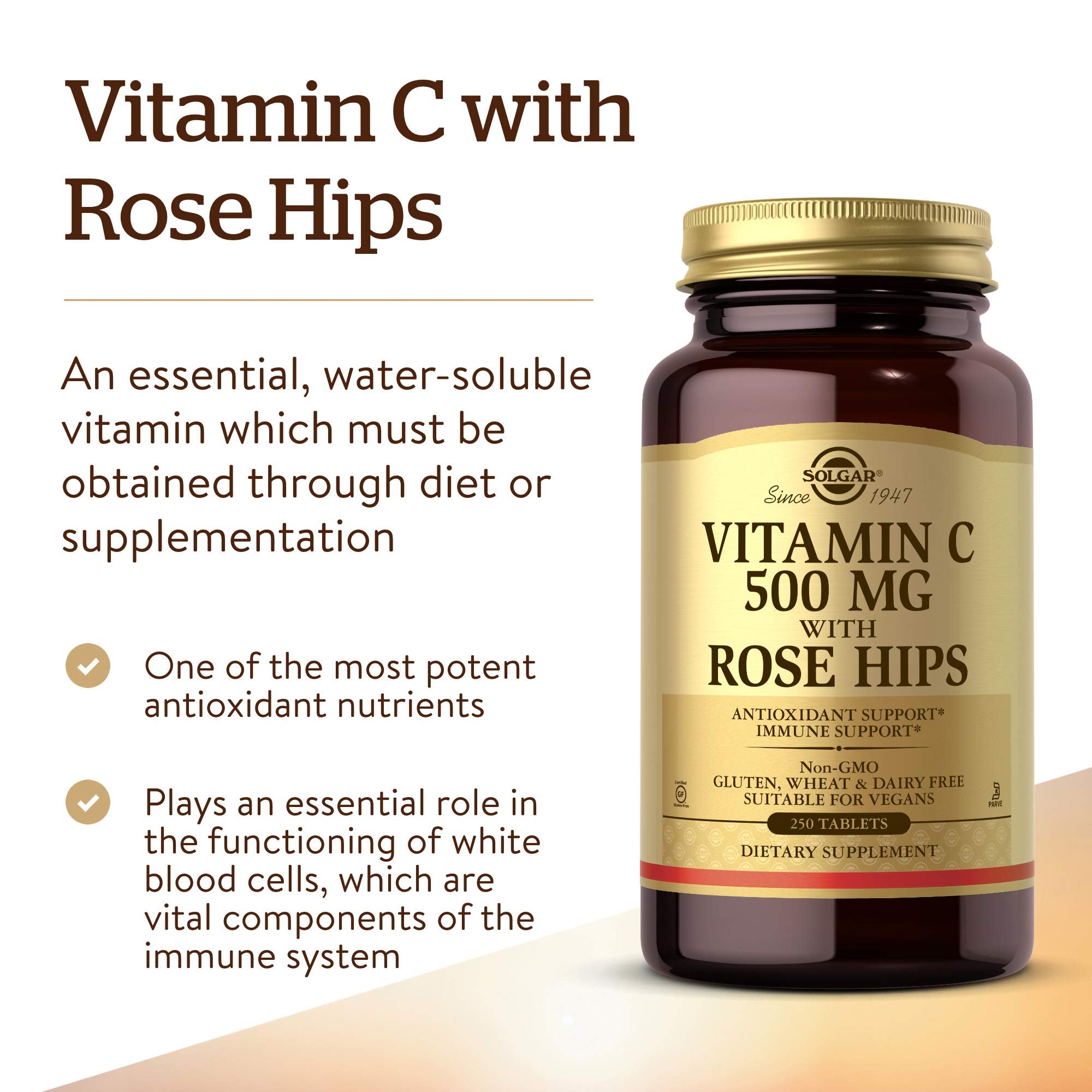 Solgar vitamine C 500 mg avec cynorrhodon, comprimés sans gluten, pour régimes spécifiques.