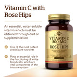 Solgar vitamine C 500 mg avec cynorrhodon, comprimés sans gluten, pour régimes spécifiques.