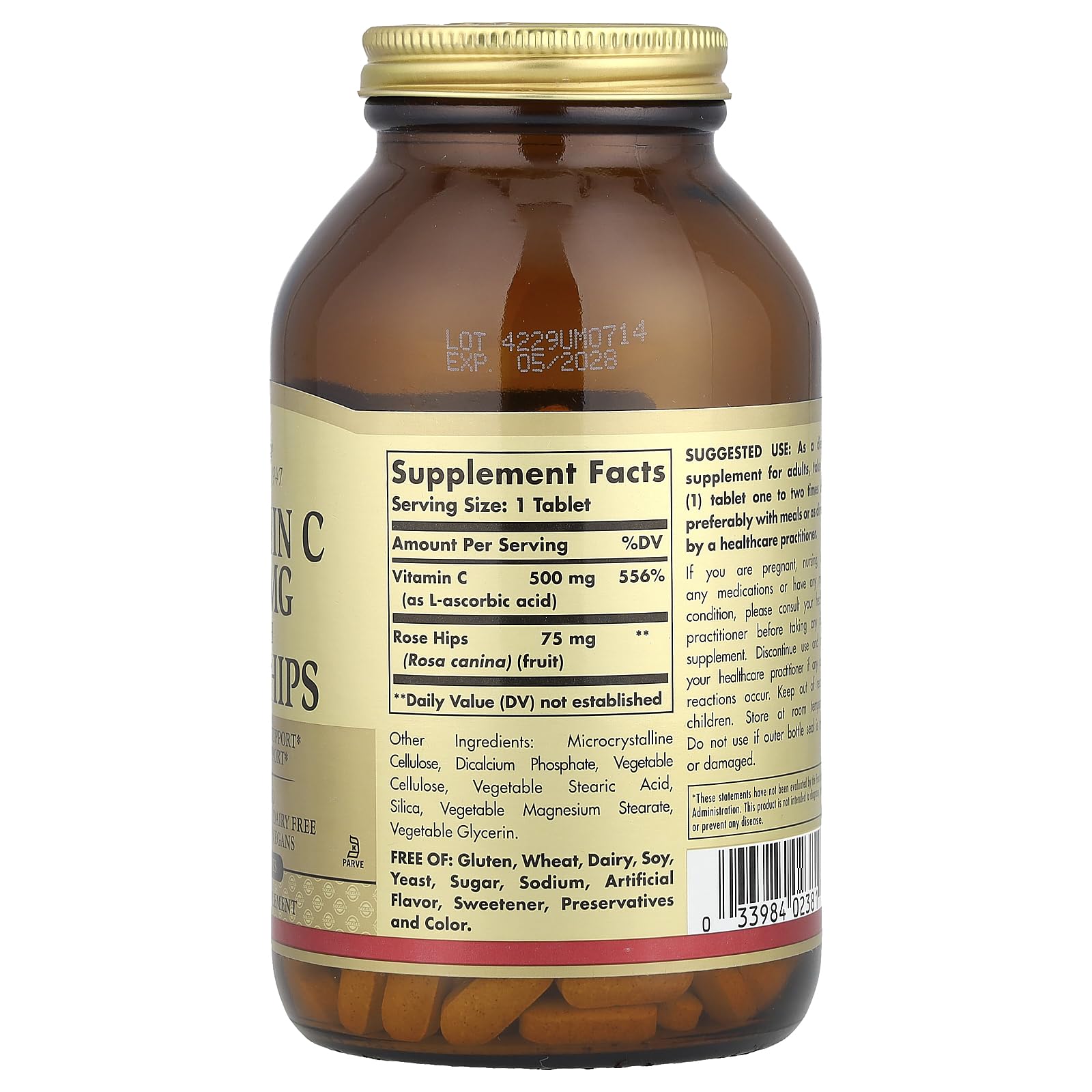 Solgar vitamine C 500 mg avec cynorrhodon, sans produits laitiers, idéal pour allergies.