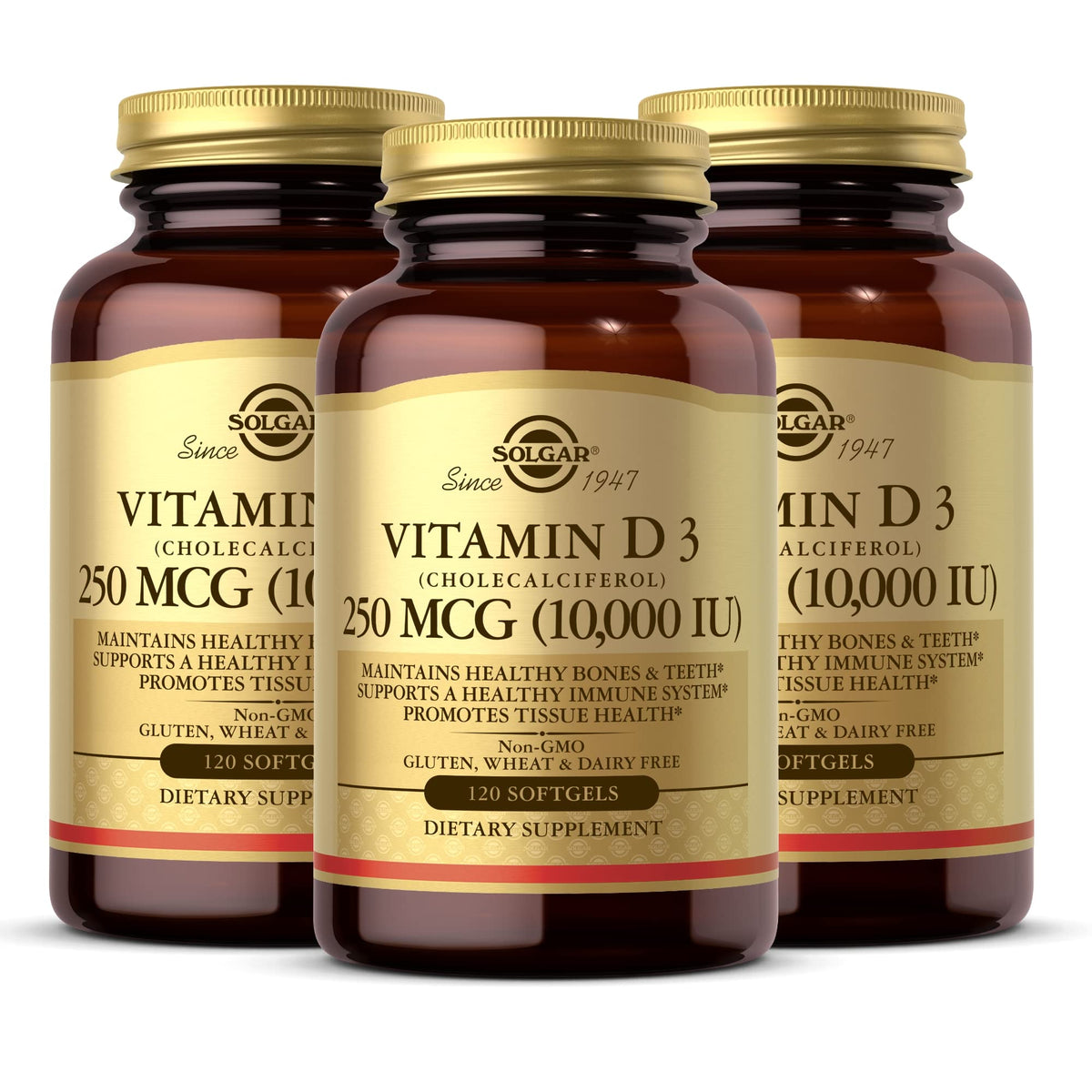 Solgar vitamine D3 10 000 UI — gélules en bouteille, absorption potentielle