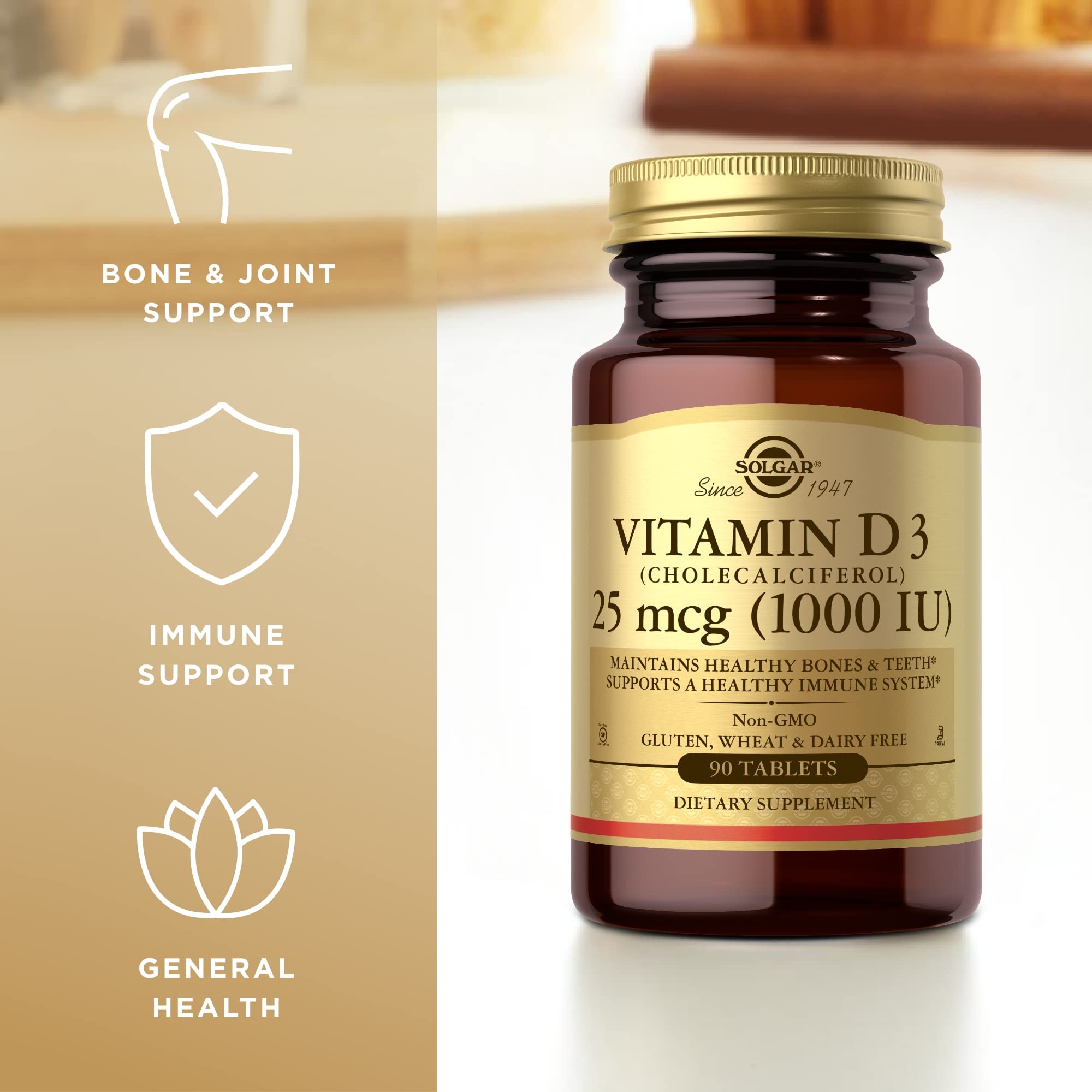 Solgar Vitamine D3, étiquette claire rappelant le dosage quotidien et les bénéfices.