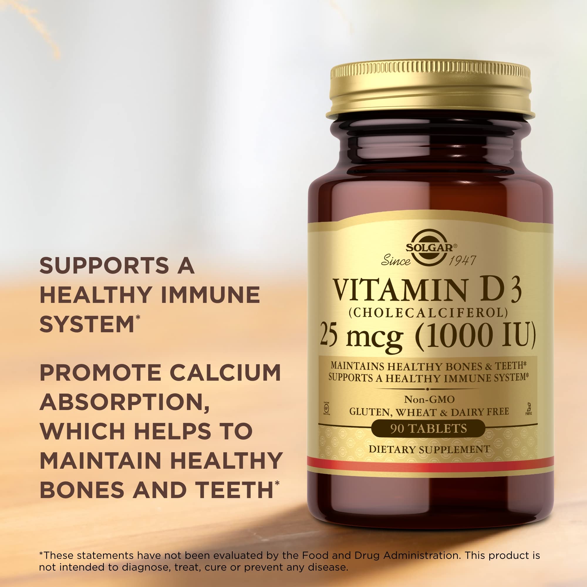 Solgar Vitamine D3, usage quotidien favorise l’absorption du calcium et le maintien des os.