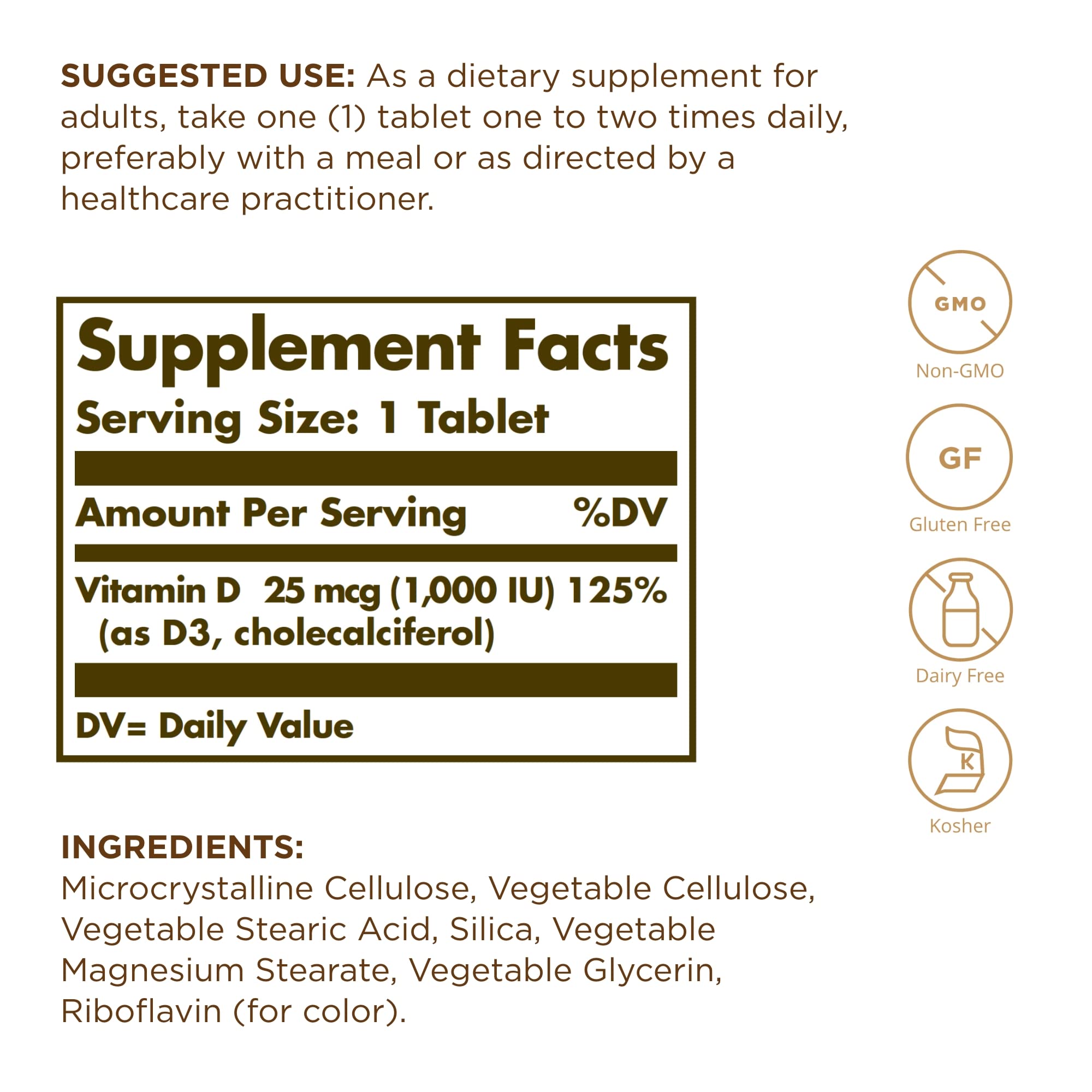 Solgar Vitamine D3, tablettes faciles à prendre pour l’apport quotidien.