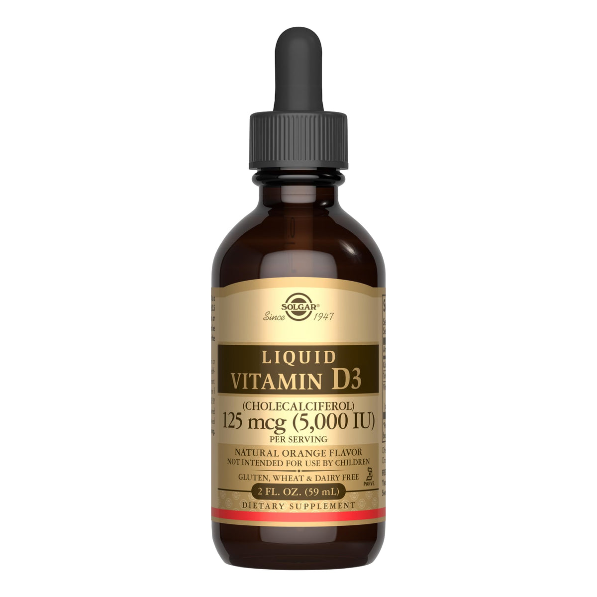 Solgar vitamine D3 liquide, flacon compte-gouttes, soutien potentiel des os et des dents.