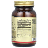 Tableau d'informations Solgar Vitamine D3 sur le flacon et les valeurs nutritionnelles