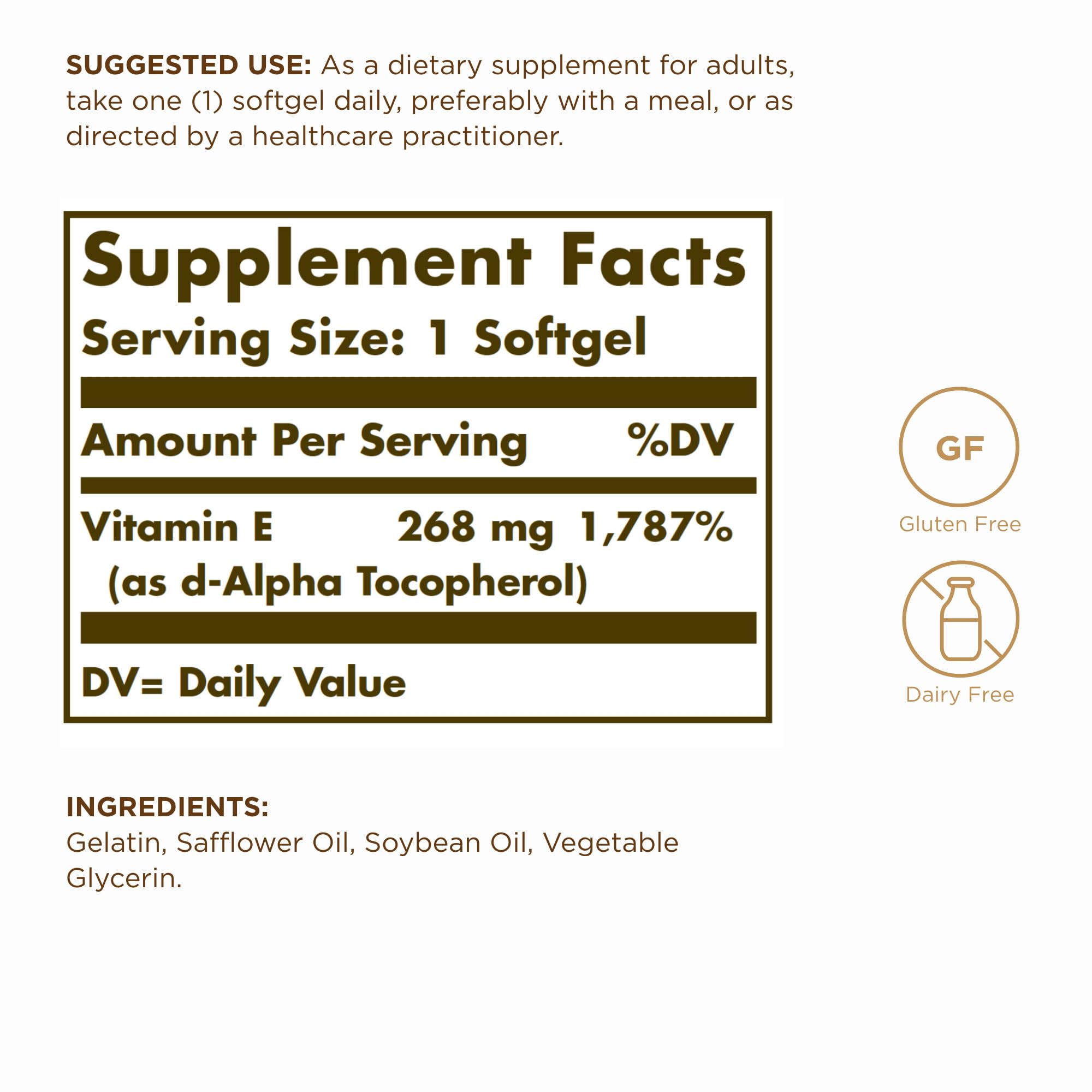 Solgar Vitamine E 268 mg – Softgels huile-base pour absorption optimale.