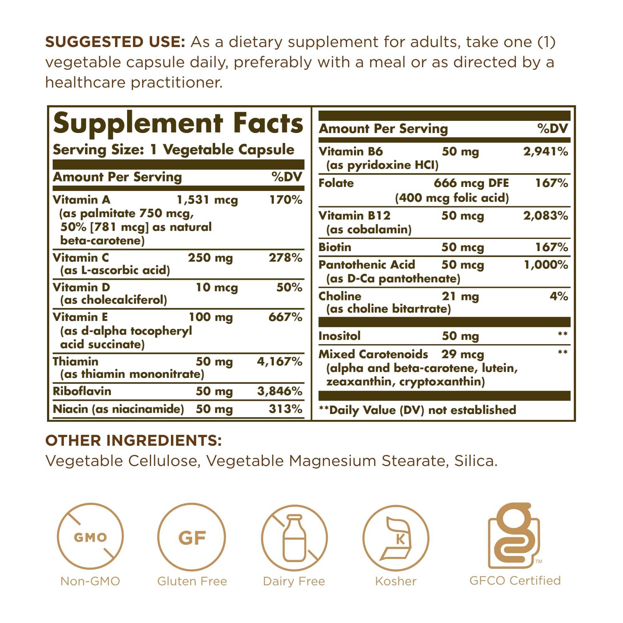 Solgar Vitamines uniquement, etiquette claire et sans additifs pour une transparence.