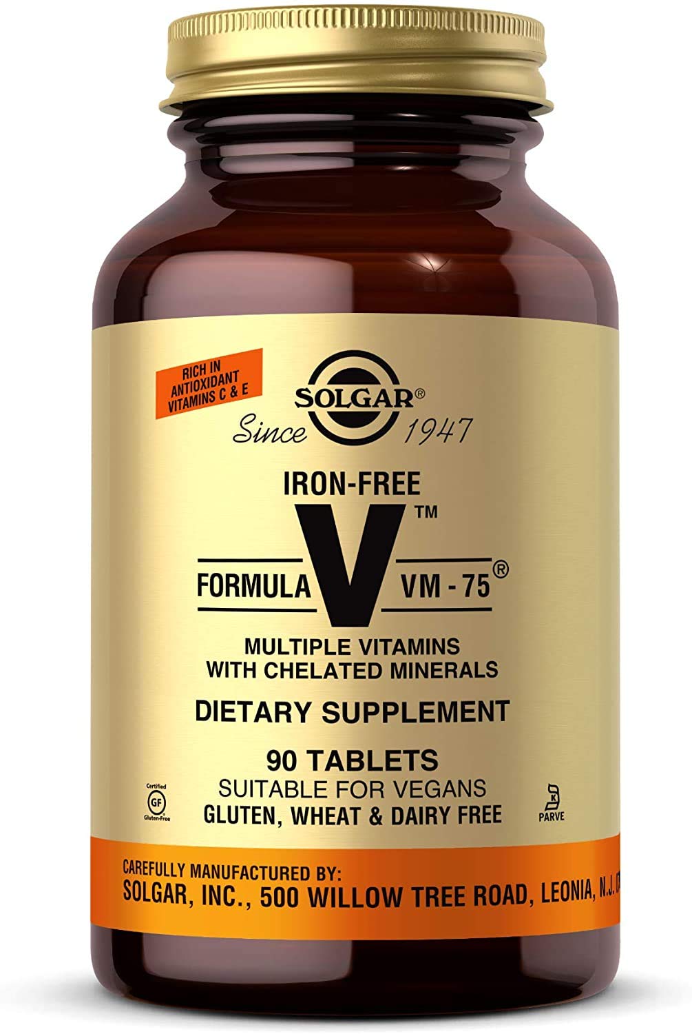 Solgar VM-75 bouteille avec comprimés sans fer pour l’apport quotidien.