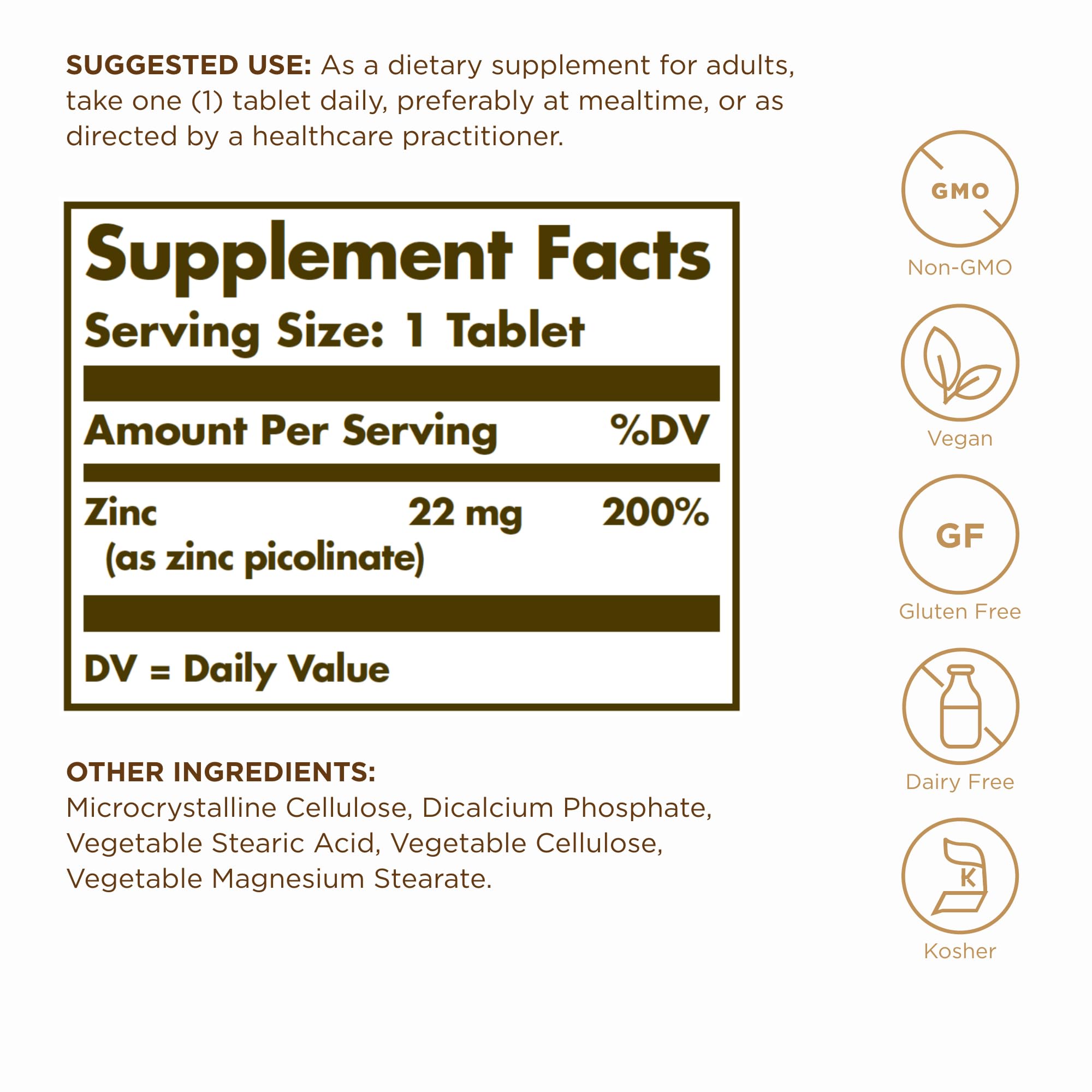 Solgar Zinc Picolinate etiquette, informations claires sur le dosage