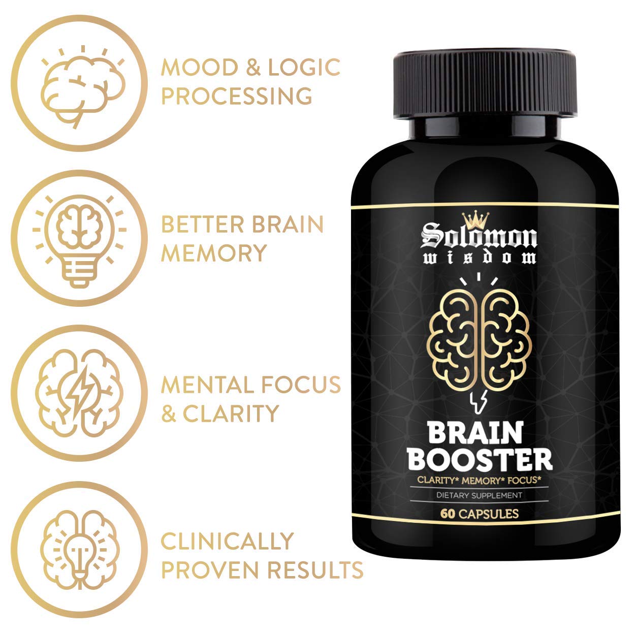 Solomon Wisdom Brain Booster — capsules visibles, amélioration possible de la mémoire.