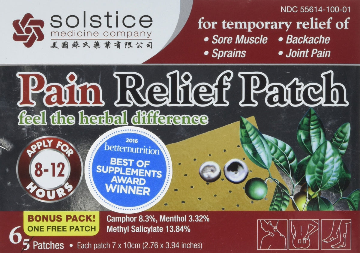 Solstice Pain Relief Patch sur l'emballage, pratique pour usage quotidien.