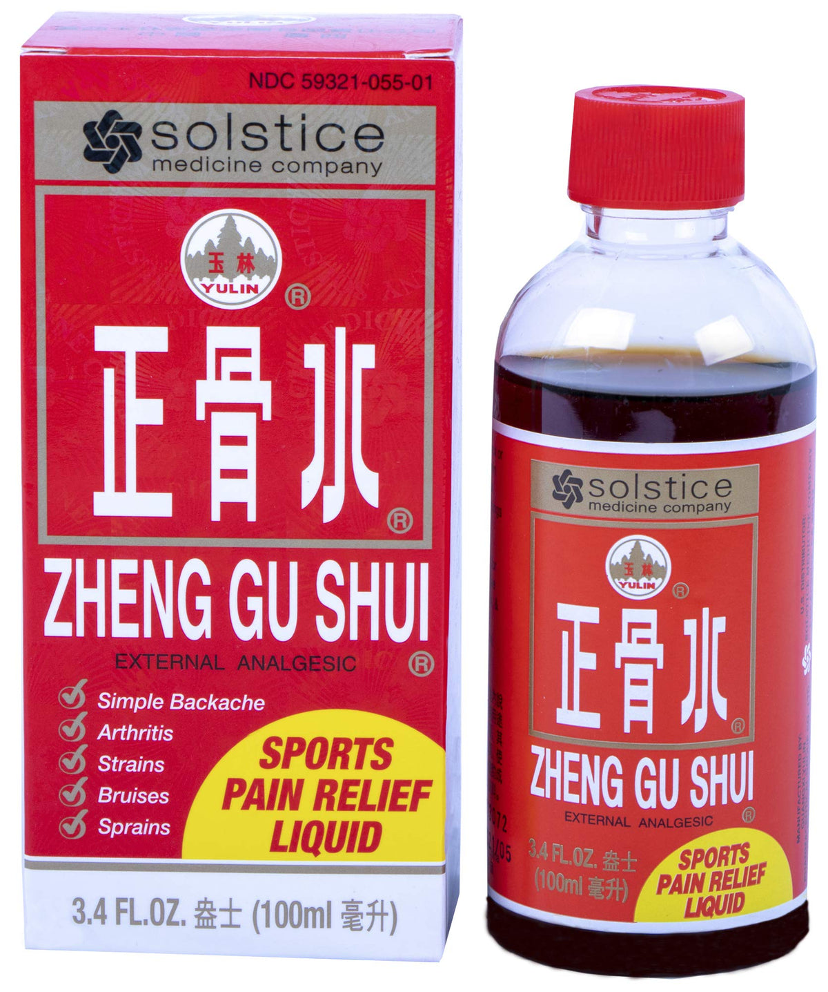 Lotion Zheng Gu Shui de Solstice, bouteille, soulage les douleurs mineures après l'effort.