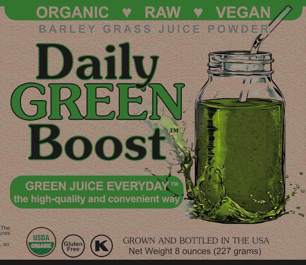 Étiquette Daily Green Boost sur emballage ambré.