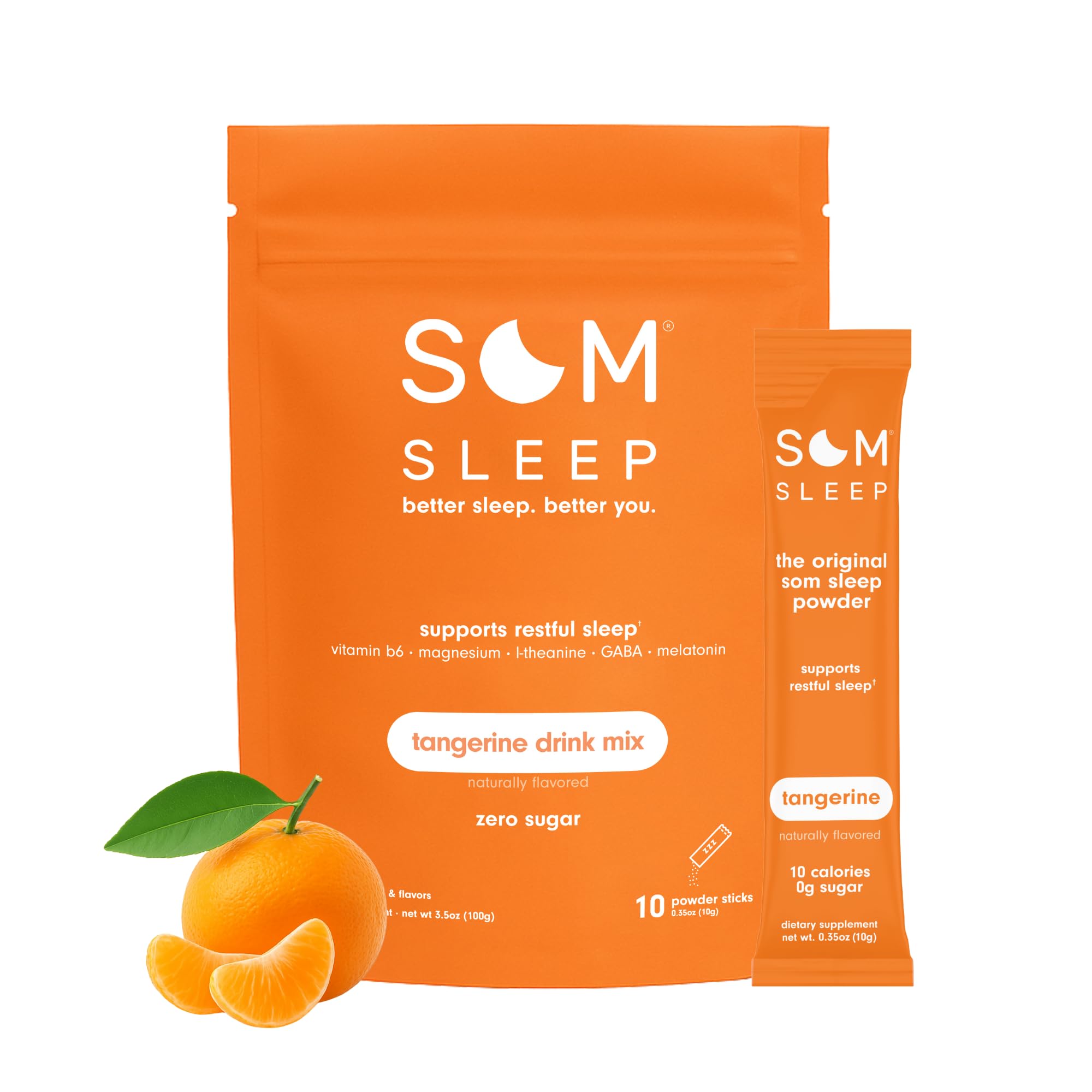 Som Sleep, boîte de poudre sommeil Tangerine, pratique et sans sucre pour le soir.