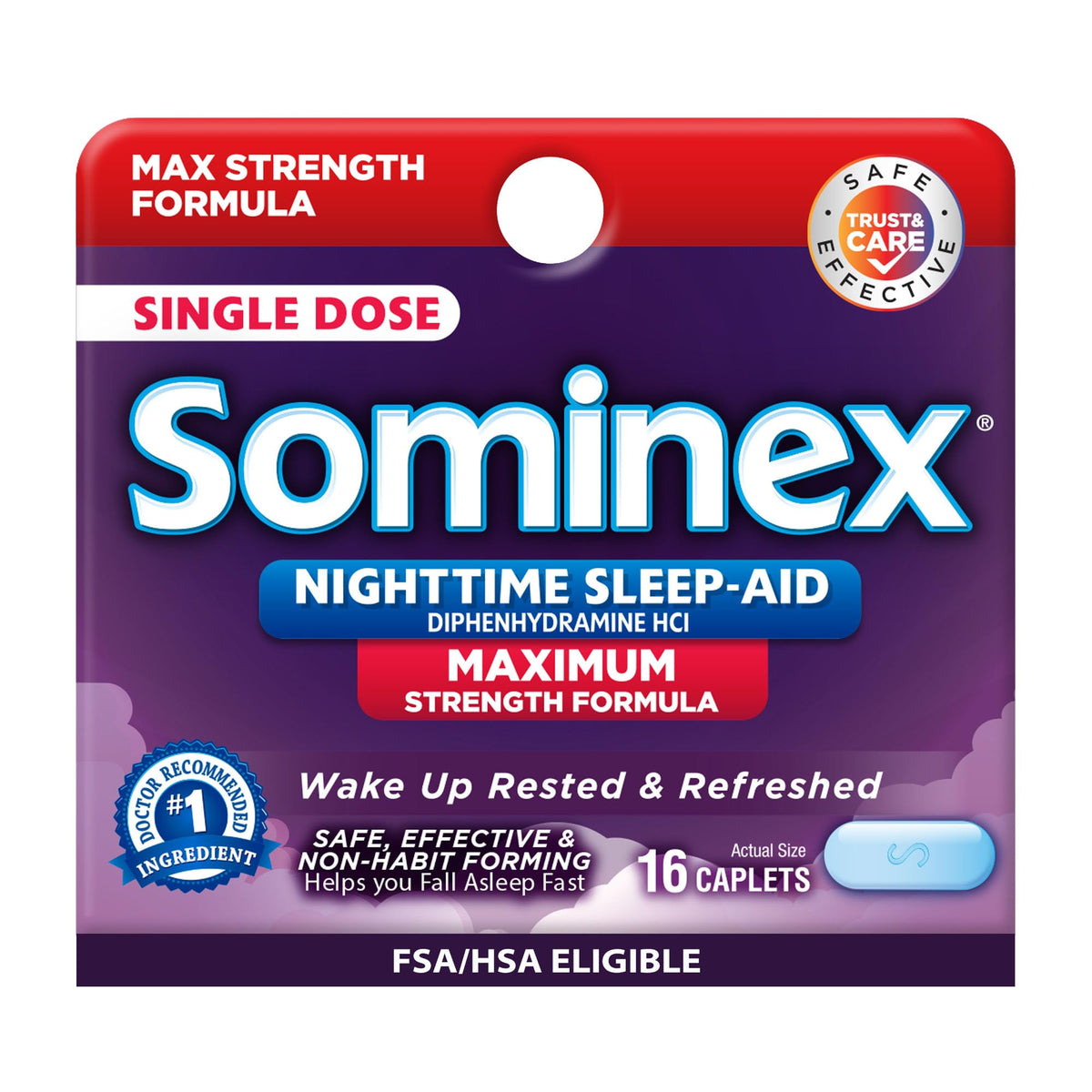Sominex, bouteille de tablettes 50 mg pour endormissement rapide.