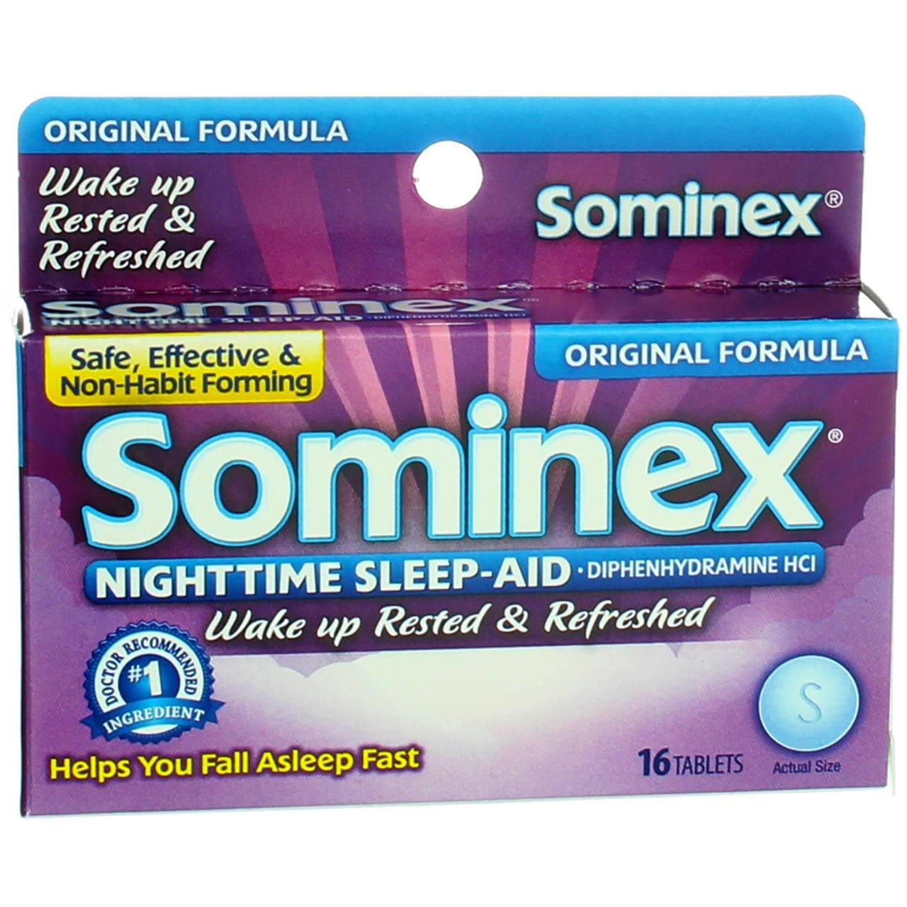 Sominex Formule Originale – bouteille de comprimés nocturnes facilitant l’endormissement temporaire.