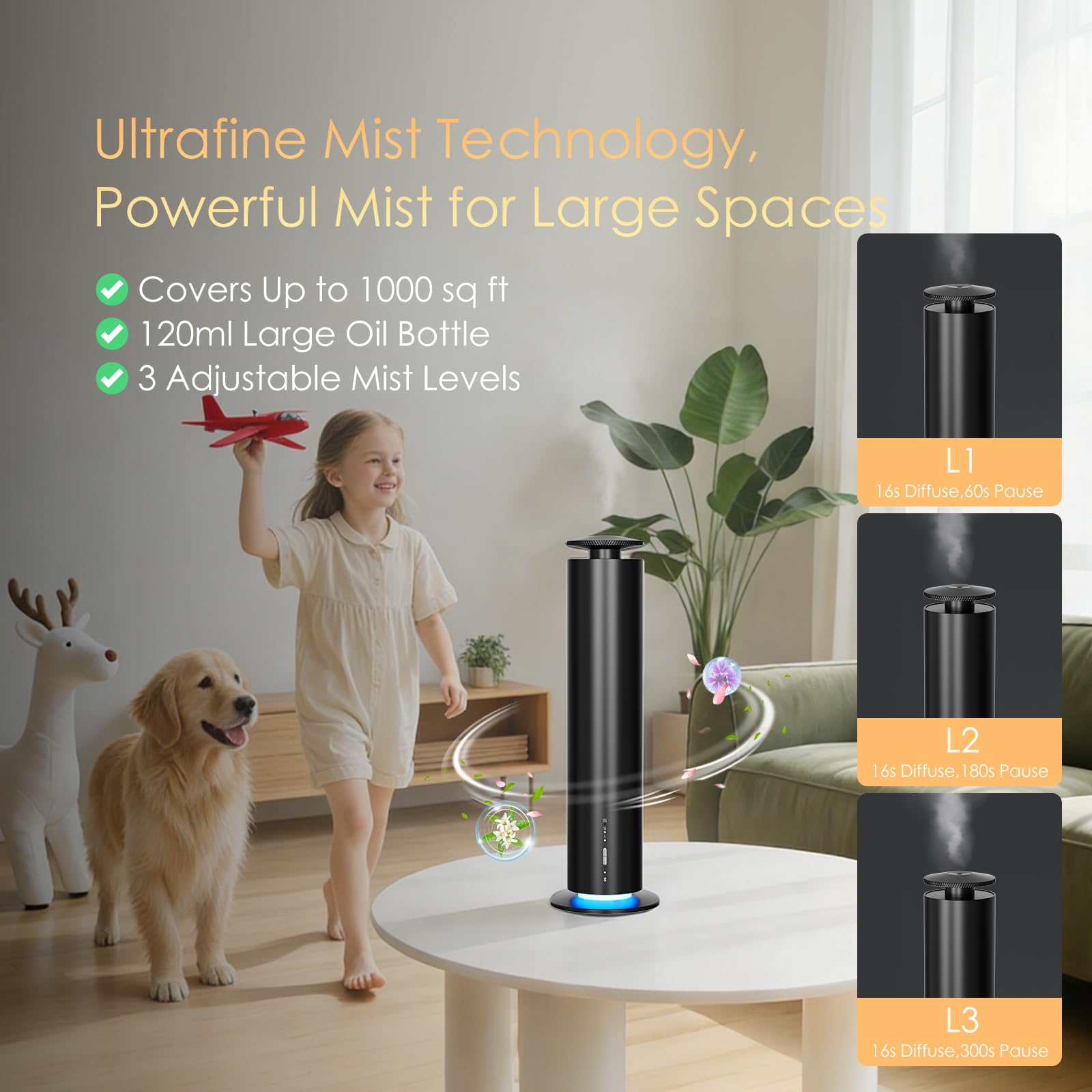 Diffusion silencieuse à moins de 34 dB avec lumière réglable.