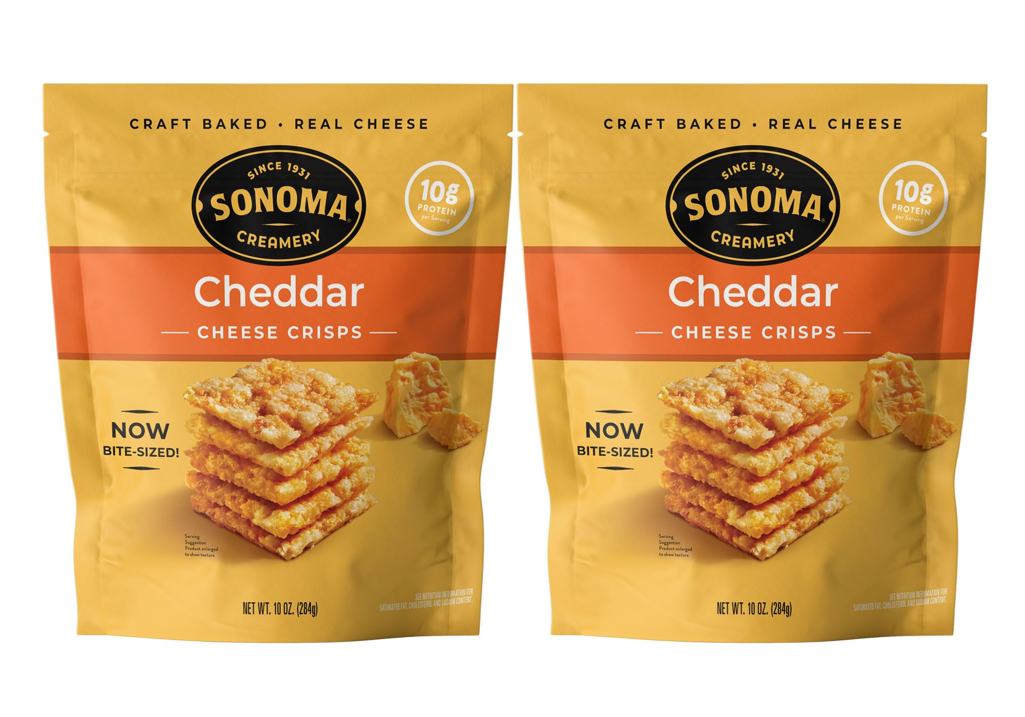 Sonoma Creamery Crisps cheddar, emballage double, snack croustillant et riche en protéines.