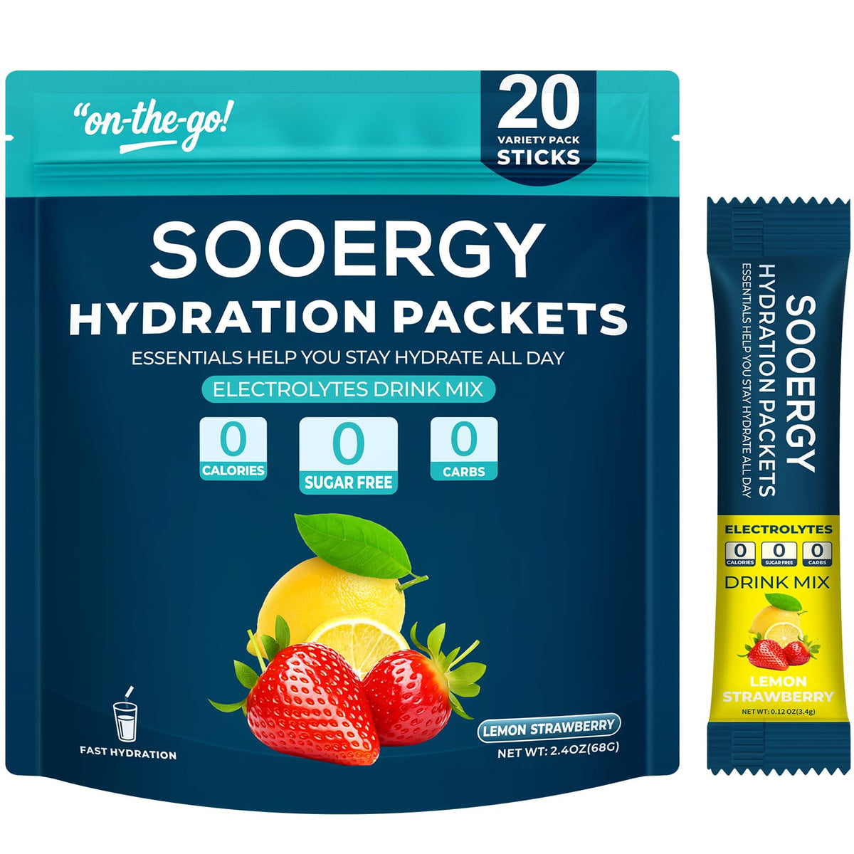 Sooergy: boîte de sachets électrolytes goût citron-fraise pour réhydrater sans sucre.
