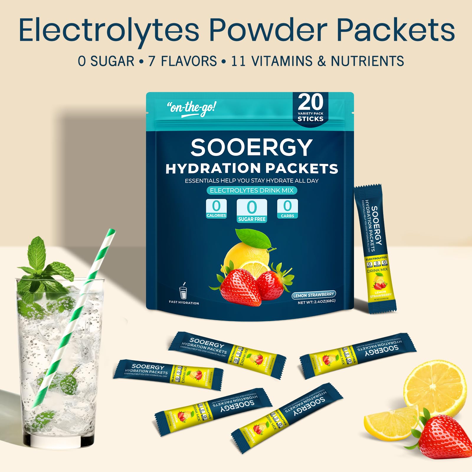 Sooergy: verre d'eau prêt avec sachet électrolytes activant l'hydratation.