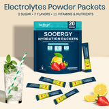 Sooergy: verre d'eau prêt avec sachet électrolytes activant l'hydratation.