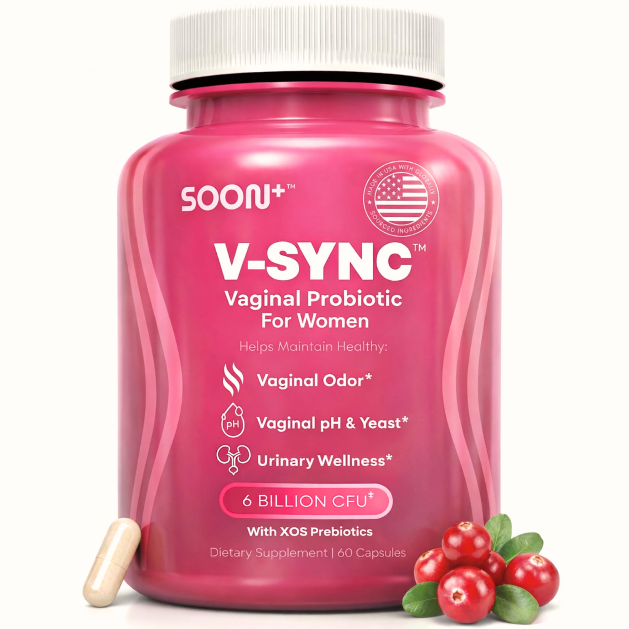 SOON+ Probiotiques Vaginales, bouteille et étiquette, soutien potentiel au confort intime