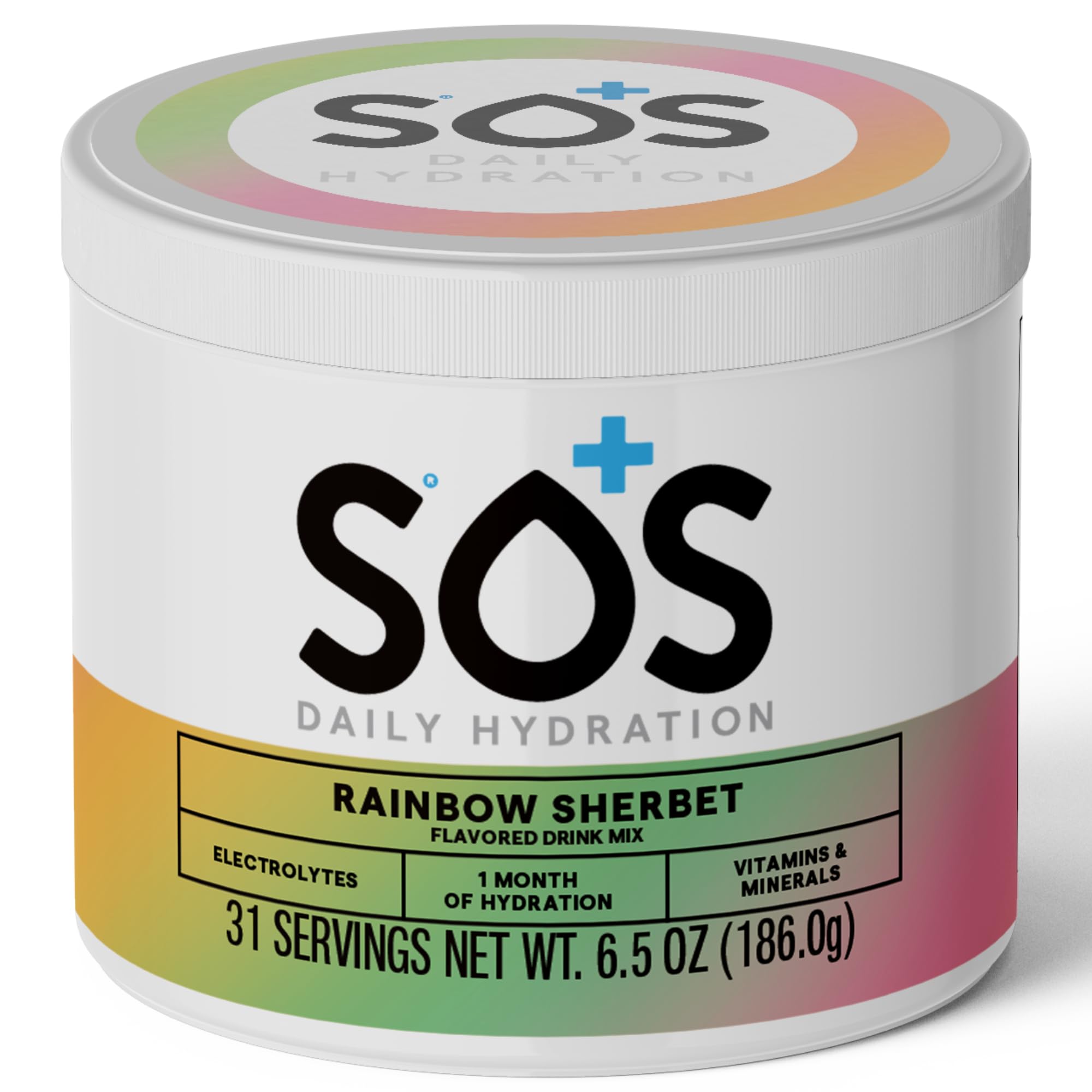 SOS Hydration poudre électrolytes saveur sorbet arc-en-ciel prête à diluer pour une réhydratation rapide.