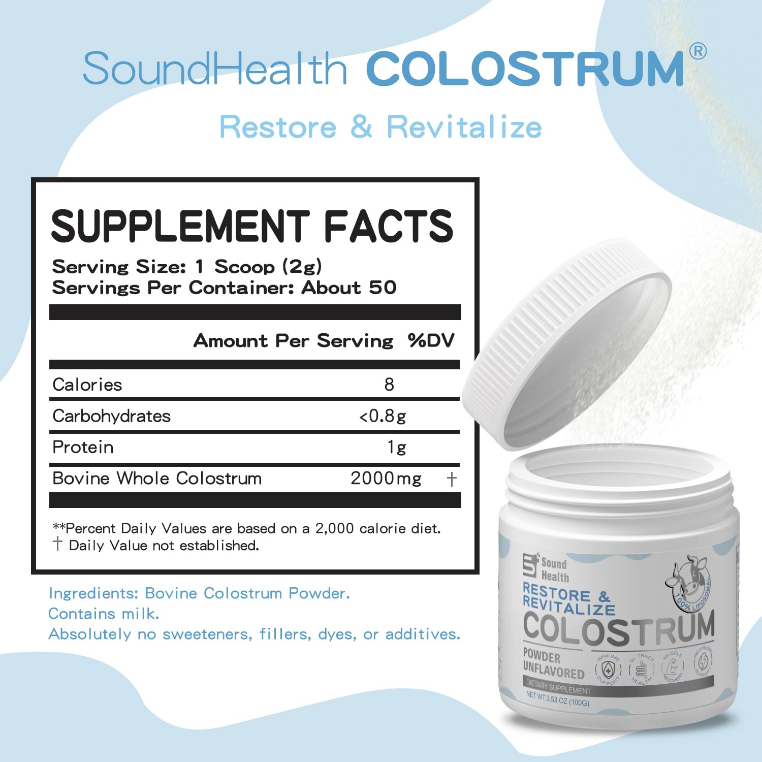 Sound Health Supplements Colostrum – cheveux plus forts et brillants grâce à la poudre.