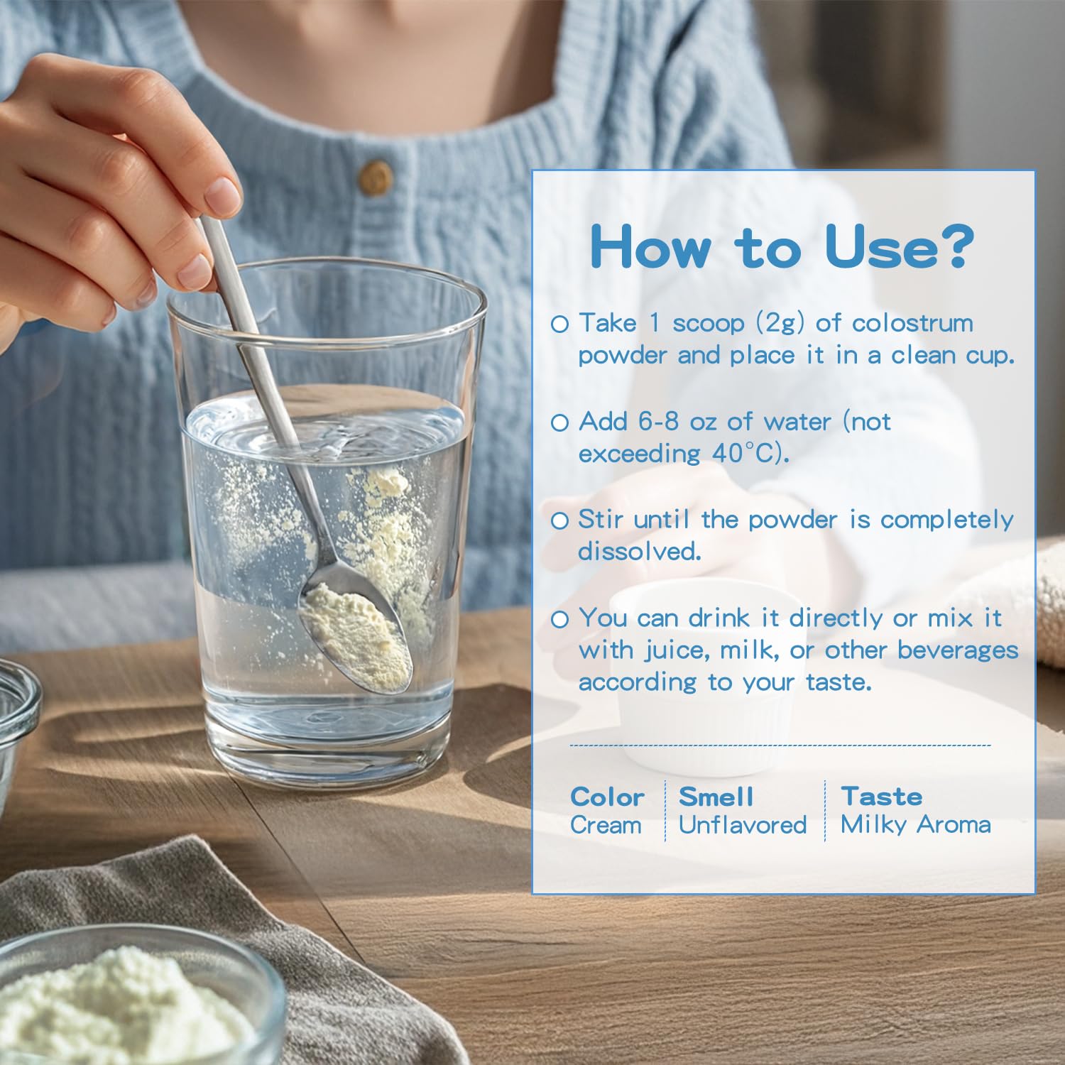 Colostrum Sound Health Supplements – goût neutre idéal pour smoothies et boissons.