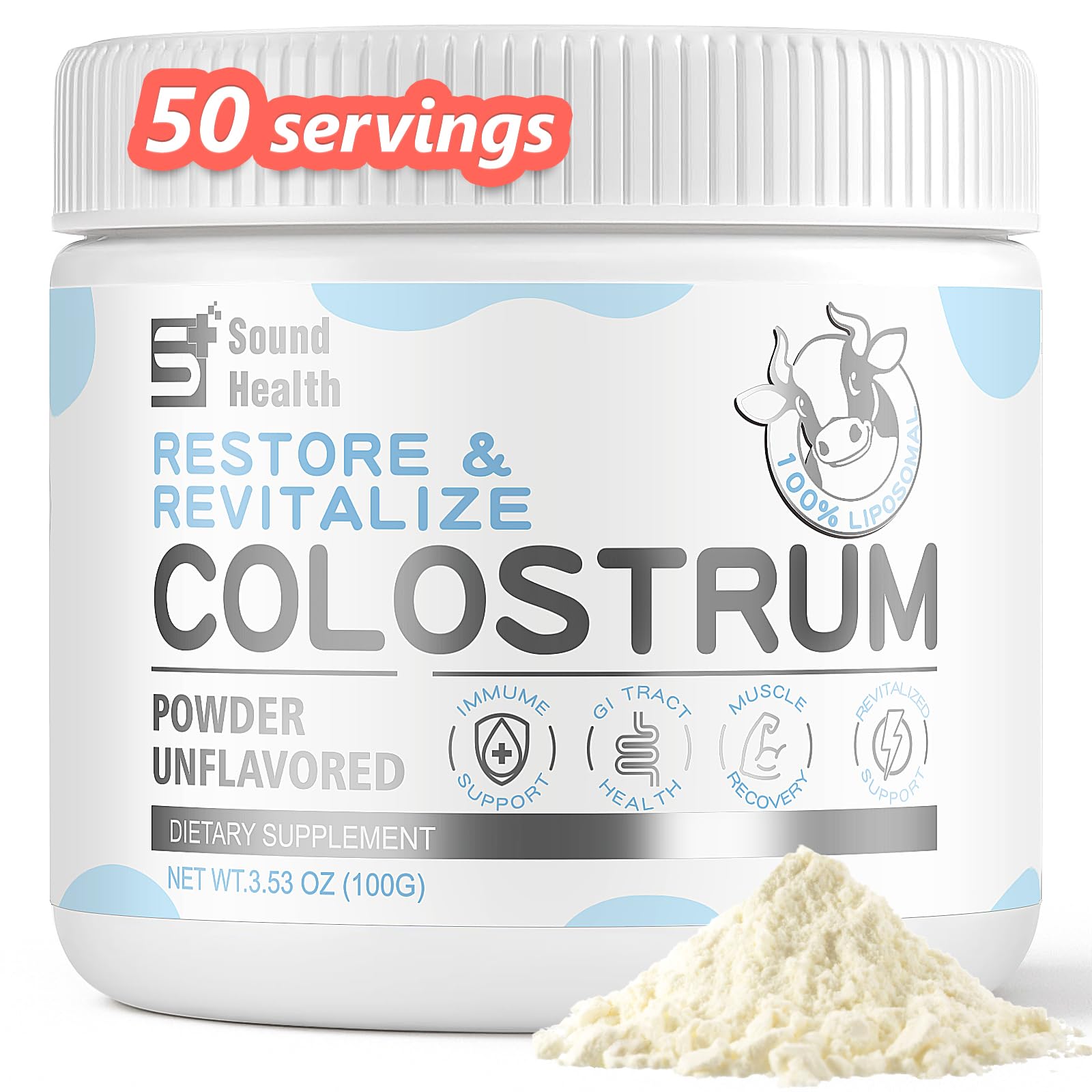 Sound Health Supplements Colostrum – poudre neutre pour l'équilibre intestinal et immunitaire.